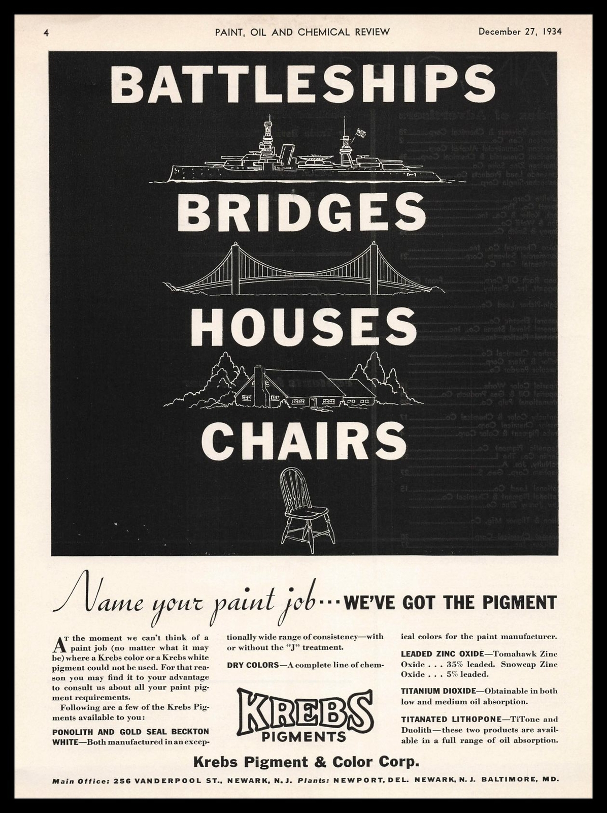 1934 Krebs Pigments Newport Delaware Chairs Houses Bridges Battleships Print Ad
