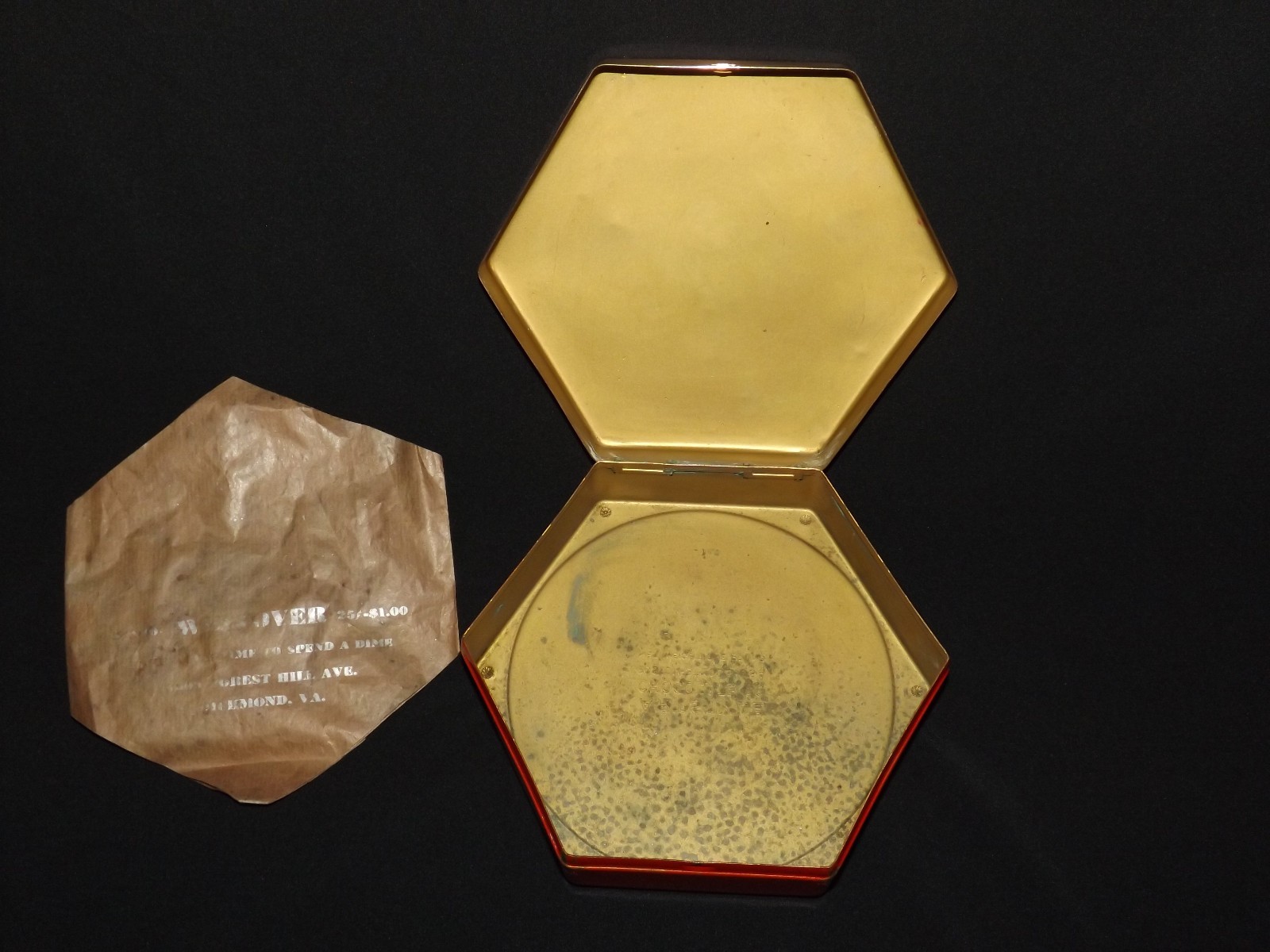 FINEST ARTSTYLE SOLID BRASS CHOCOLATE TIN FULLY EMBOSSED 1920′ ERA ORIG. INSERT