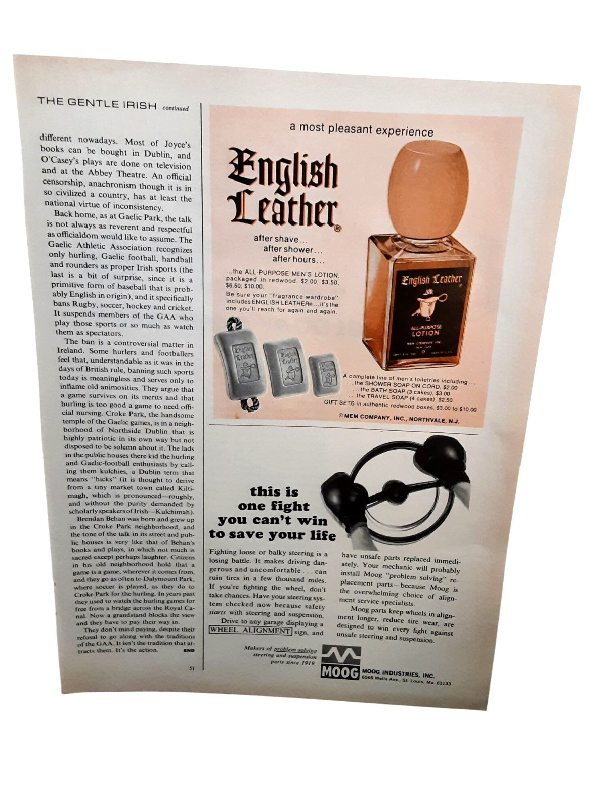 1967 English Leather & Moog Steering Combo Vintage Print Ad