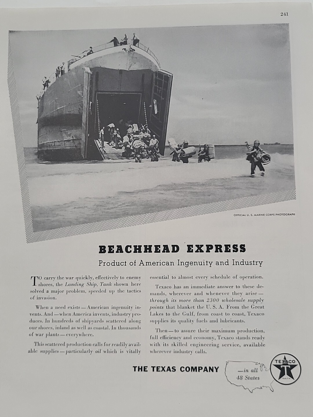 1943 Texaco Fortune WW2 Print Ad War Beachhead Express Soldiers Marines Landing