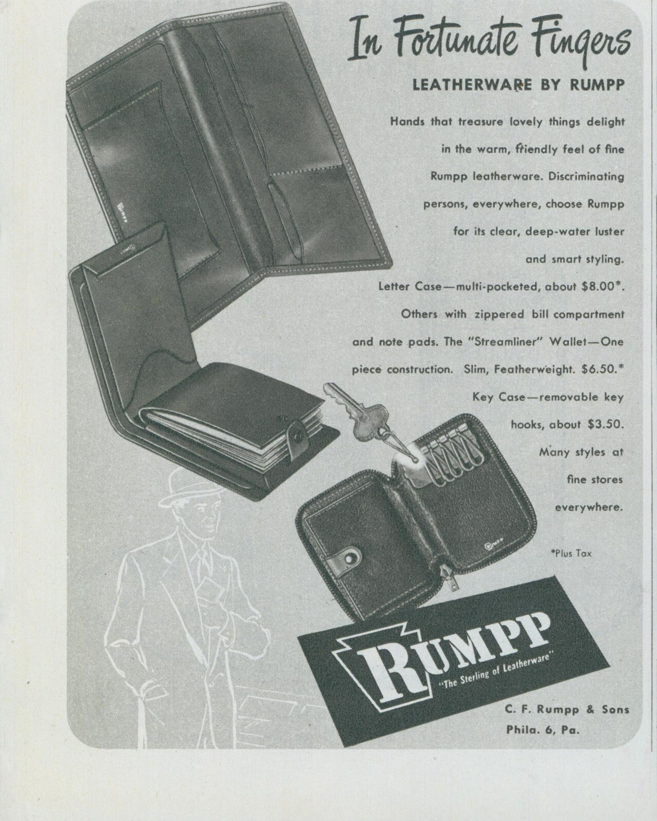 1948 Rumpp Leatherware Letter Case Wallet Key Case Fortunate Finger Print Ad C20