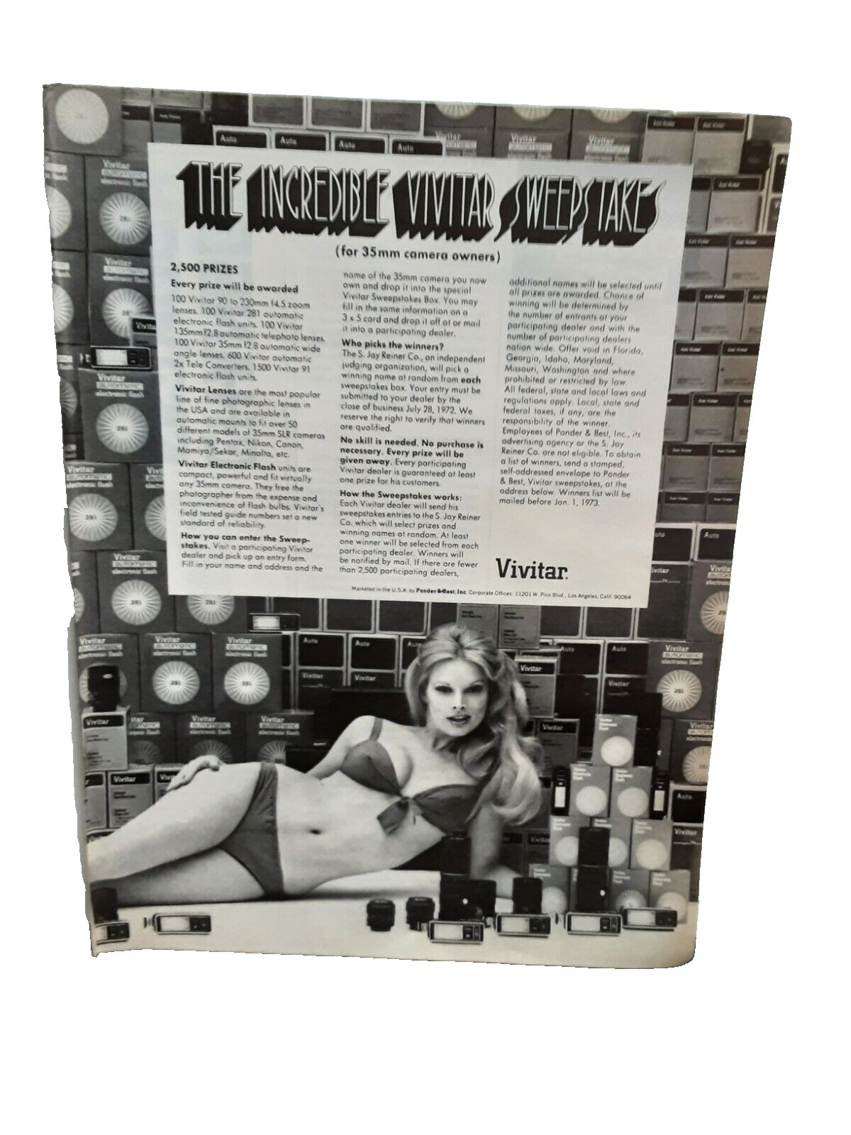 1972 Vivitar 35MM Camera Lenses Woman In Bikini Original Print Ad Vintage
