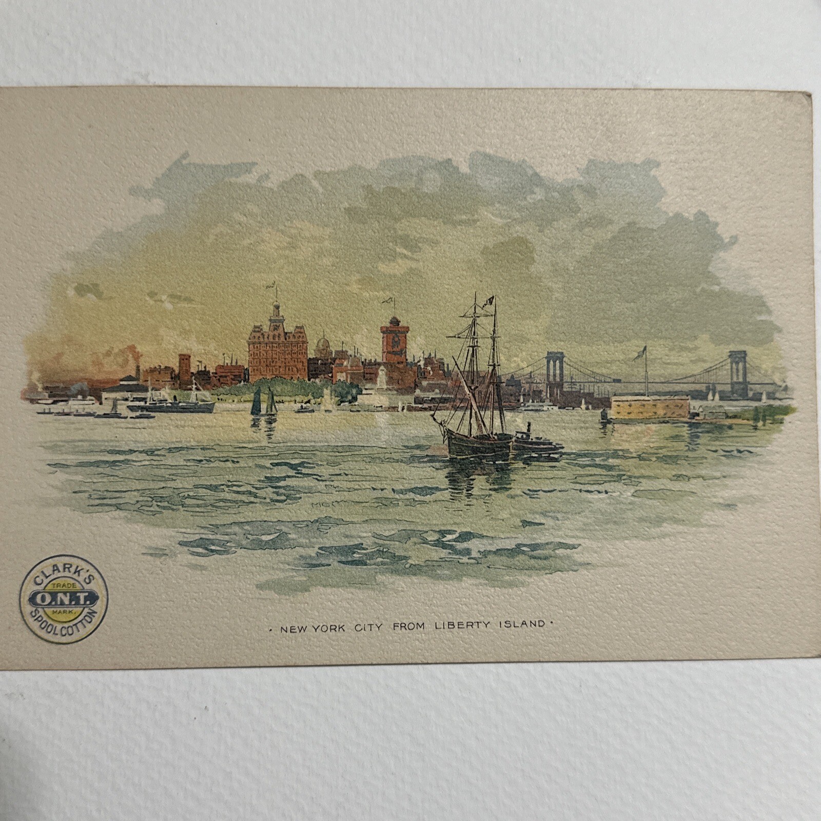 Antique Victorian Trade Card Clark’s ONT Crochet Cotton New York Liberty Island