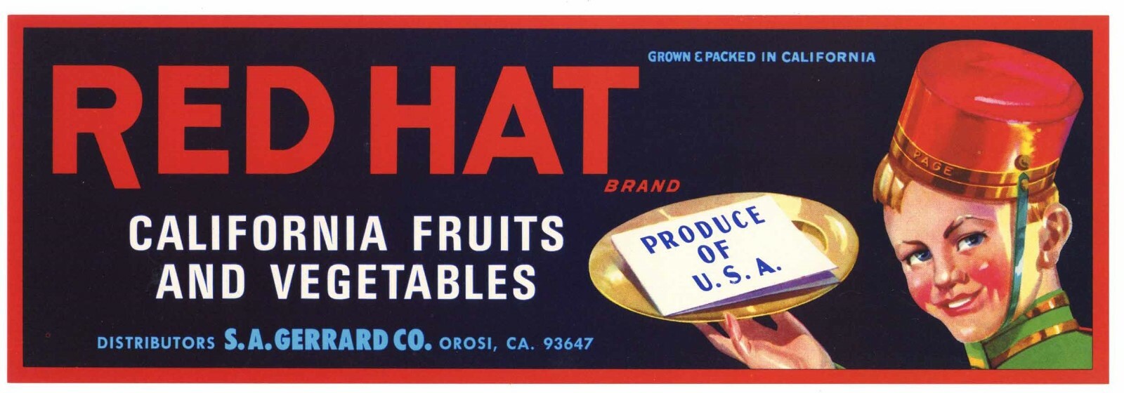 RED HAT Brand, Orosi, California **AN ORIGINAL VEGETABLE CRATE LABEL**