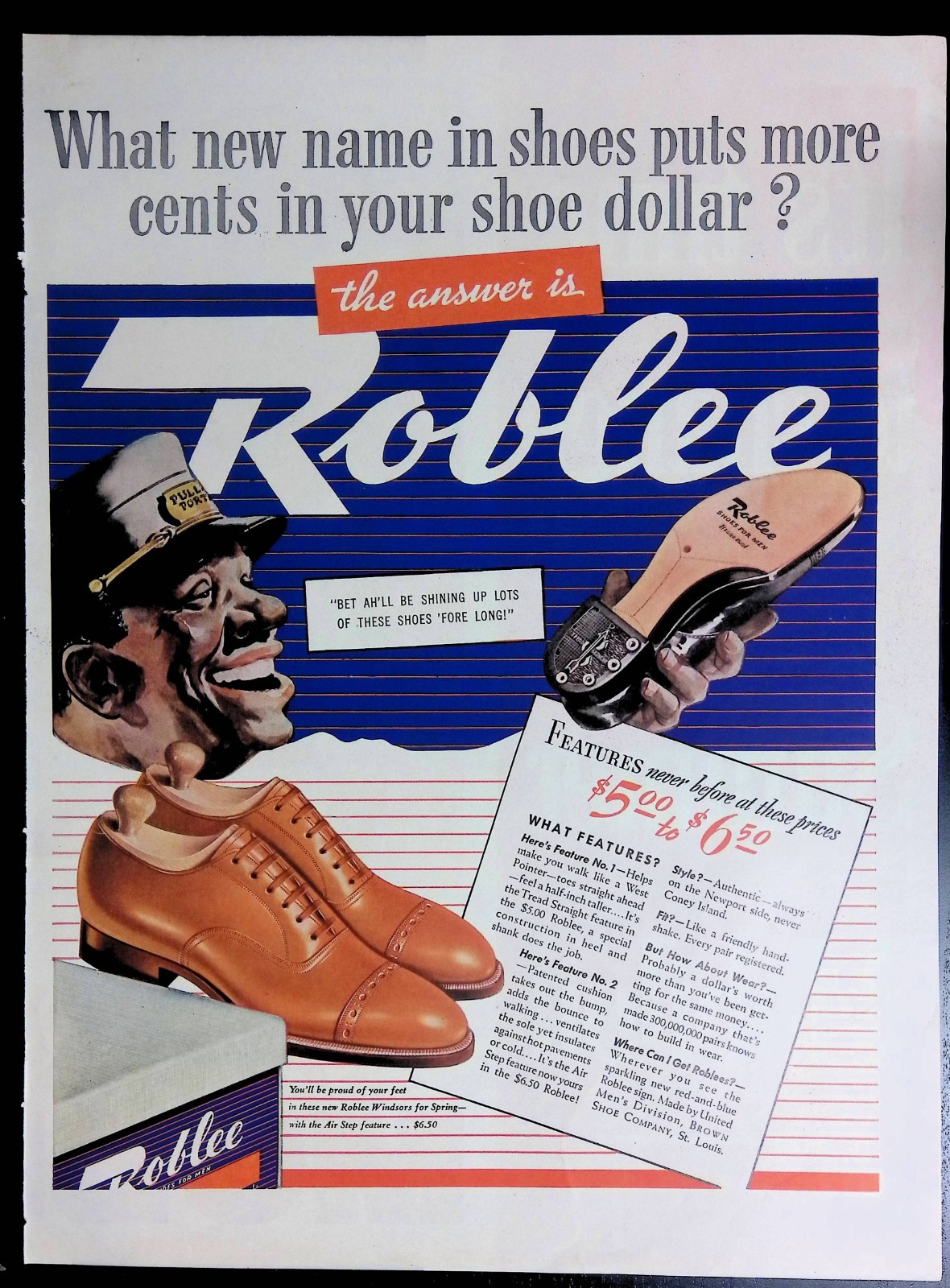 Print Ad 1950’s Roblee Shoes Pullman Porter Shoe Shine Man