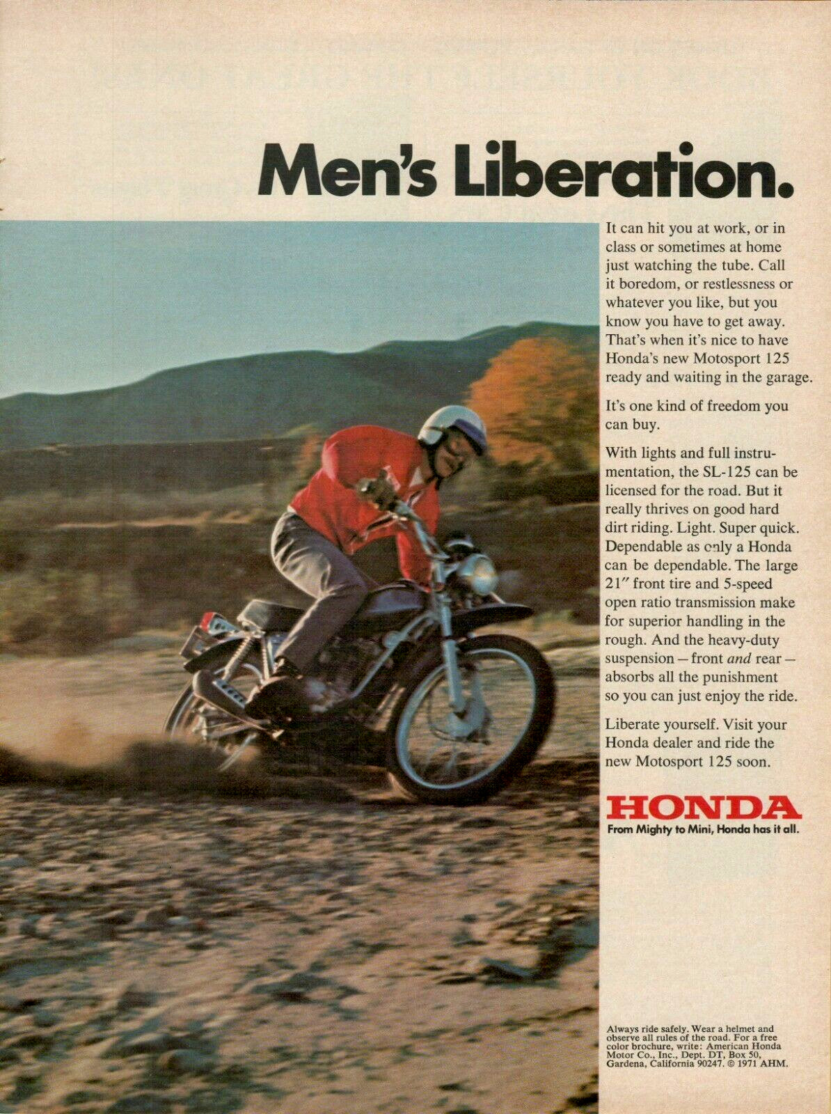 1971 Honda Motorsport 125 Men’s Liberation Motorcycle Original Color Print Ad