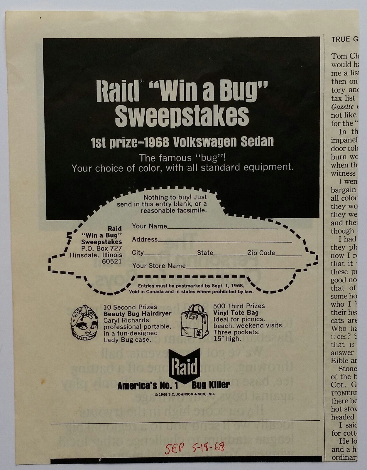 Raid “Win a Bug” Contest Ad – America’s No. 1 Bug Killer – 1968 Magazine Ad…