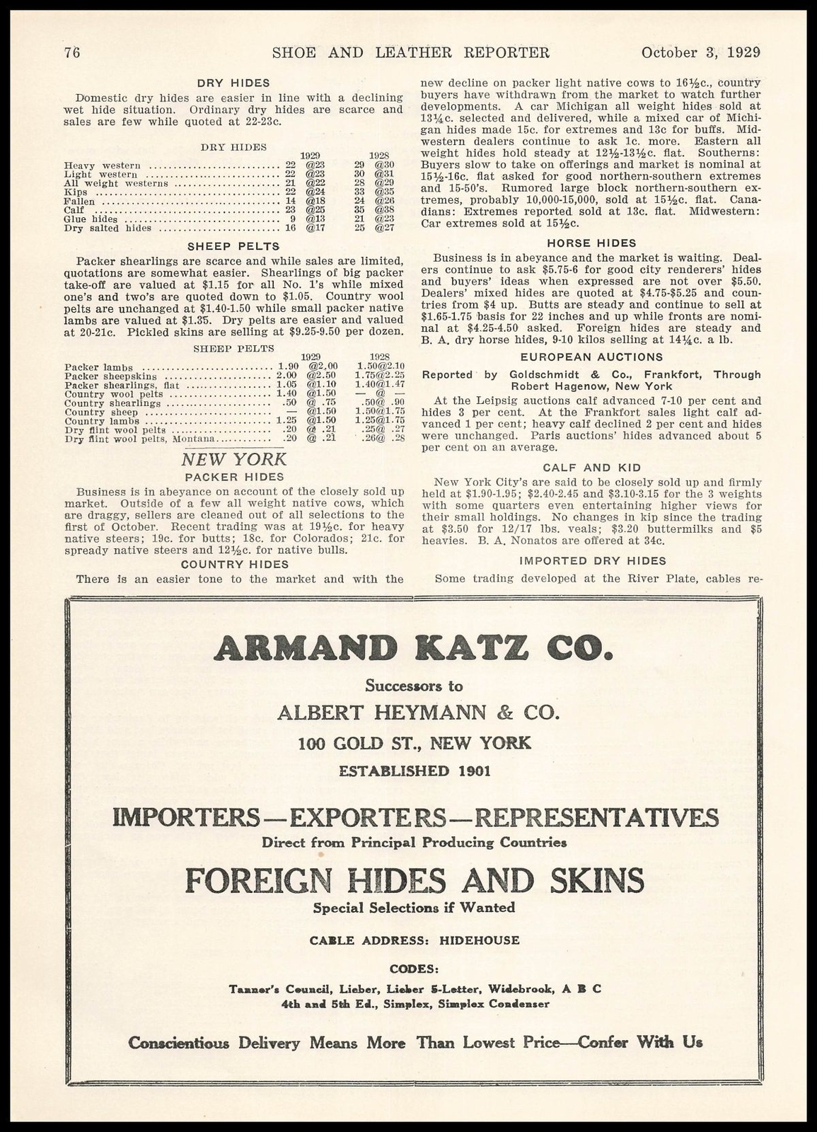 1929 Armand Katz New York City Foreign Hides & Skins Importer Exporter Print Ad