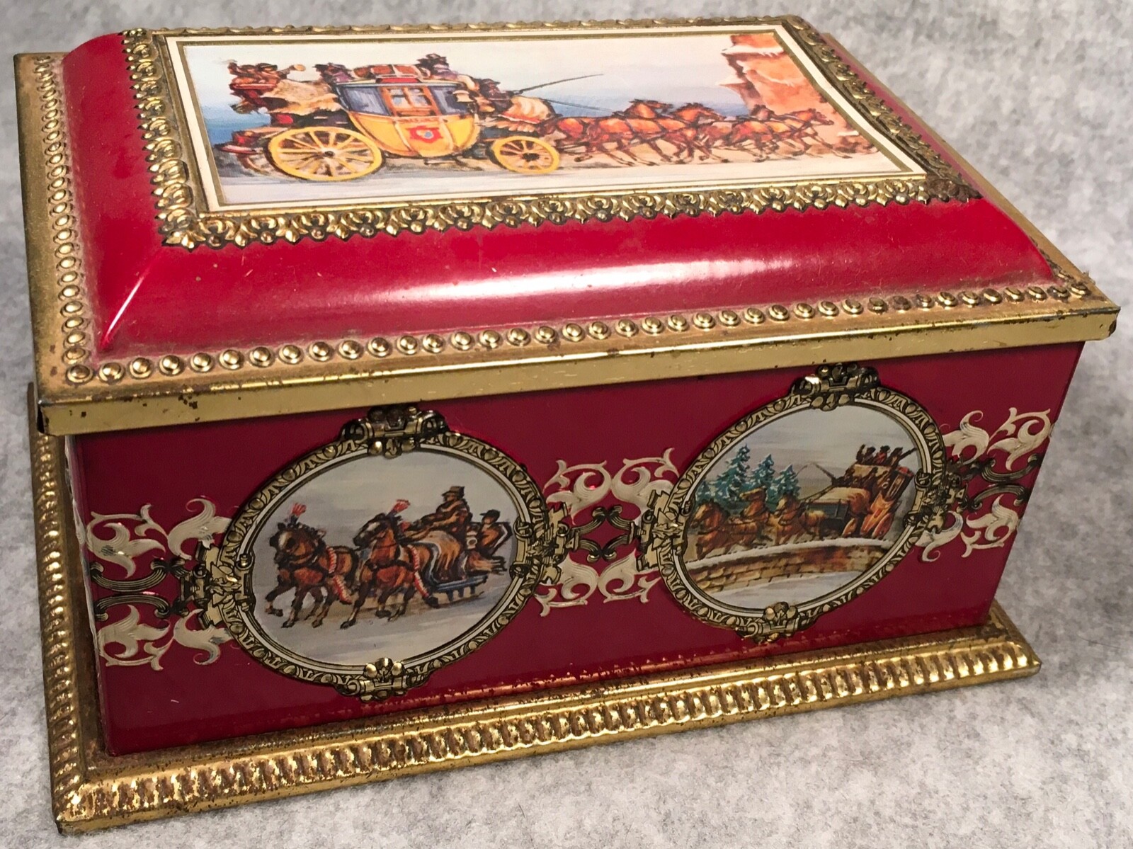 lithographed Biscuit Tin KLANN WEST GERMANY chest box HORSE DRAWN CARRIAGES