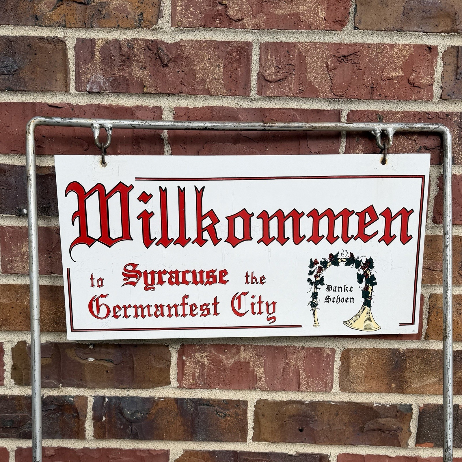 Vintage Syracuse Nebraska Germanfest Double Sided Metal Stake Sign – Willkommen