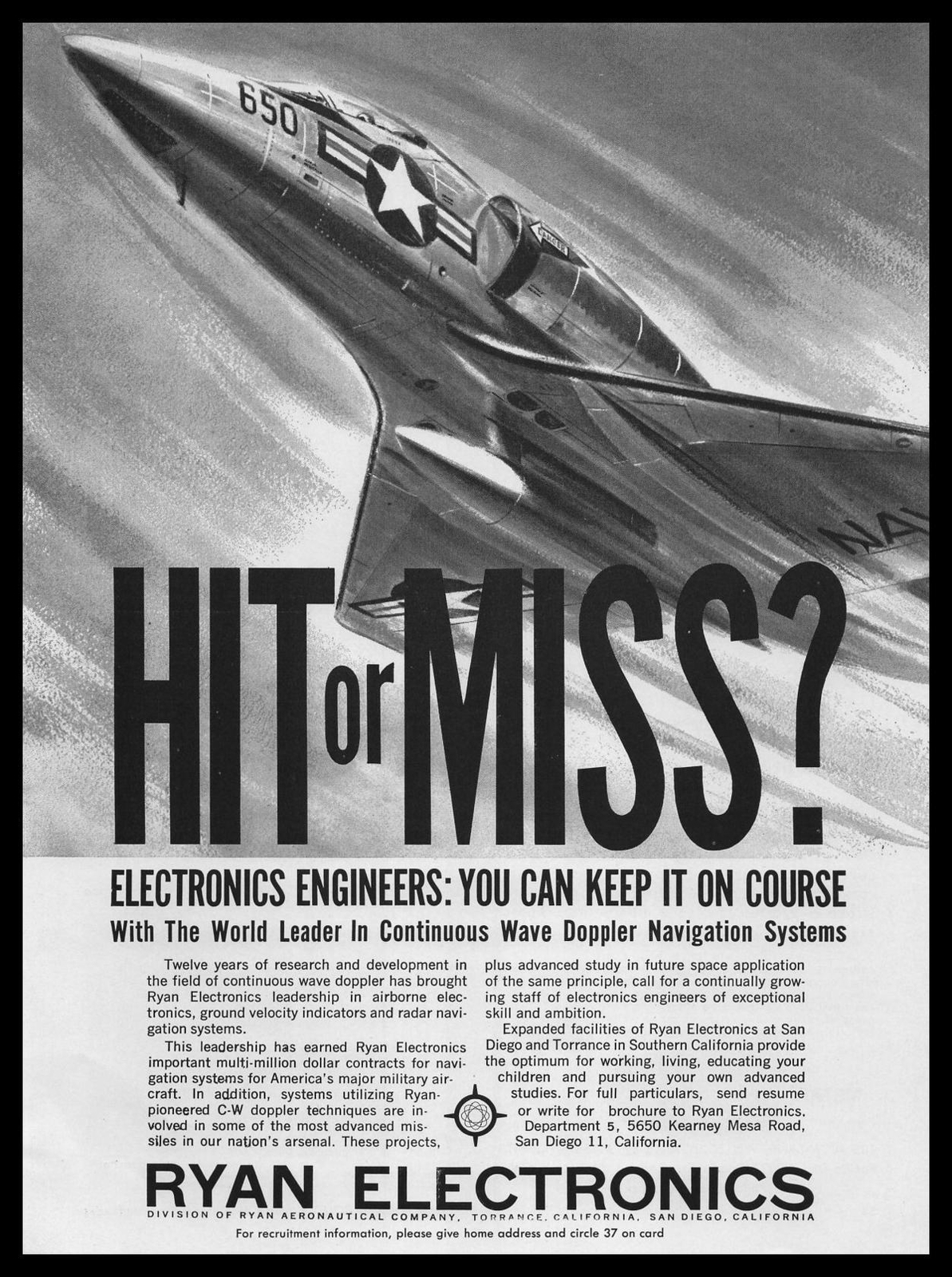 1960 Ryan Electronics San Diego California Wave Doppler Systems Vintage Print Ad