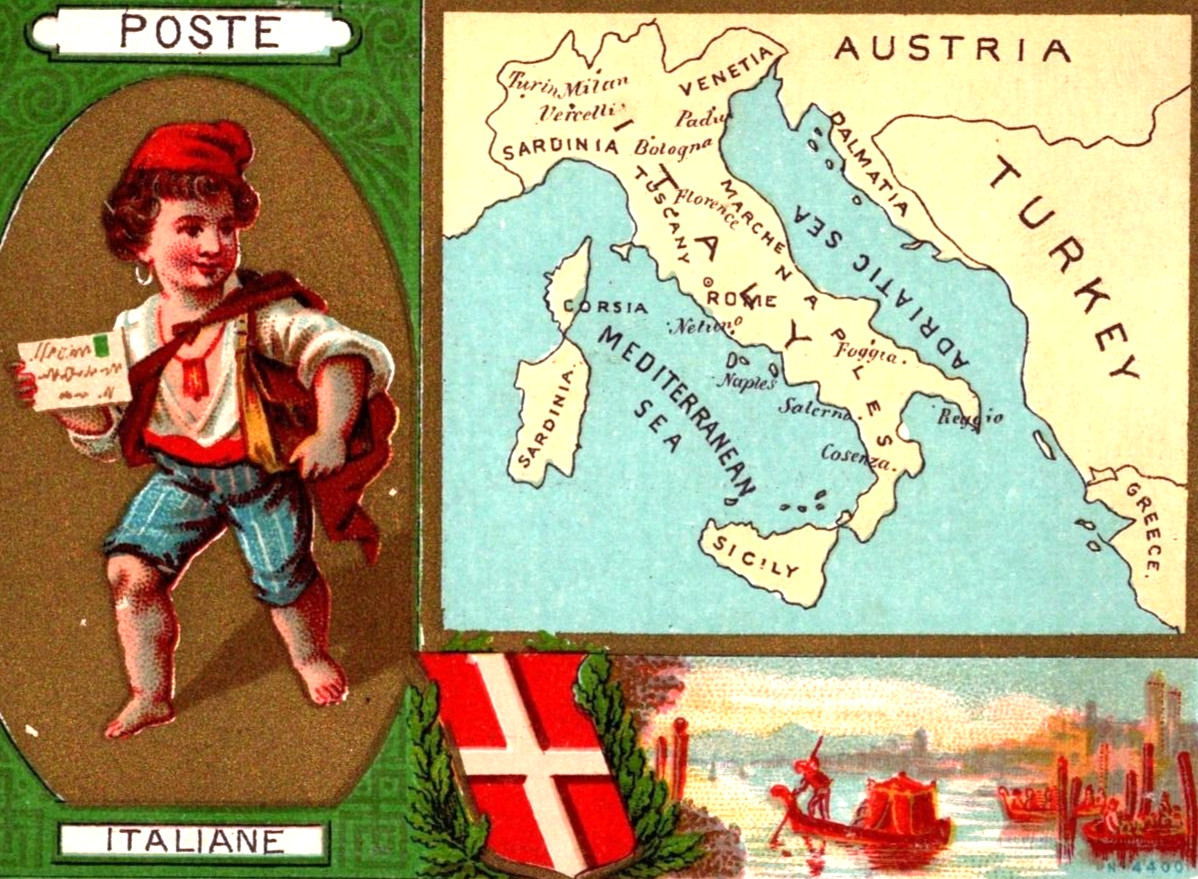ITALY Child Mailman Canal Boats Adriatic Mediterranean Map Victorian Trade Card