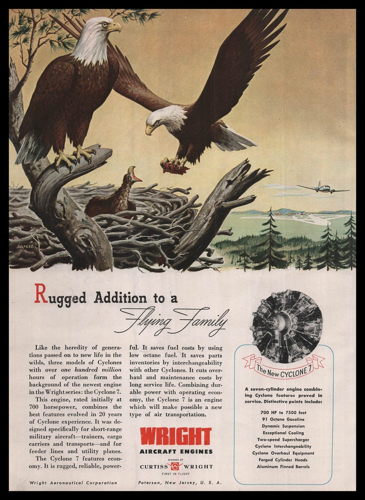 1945 Curtiss Paterson New Jersey Cyclone 7 Aircraft Engines Bald Eagles Print Ad