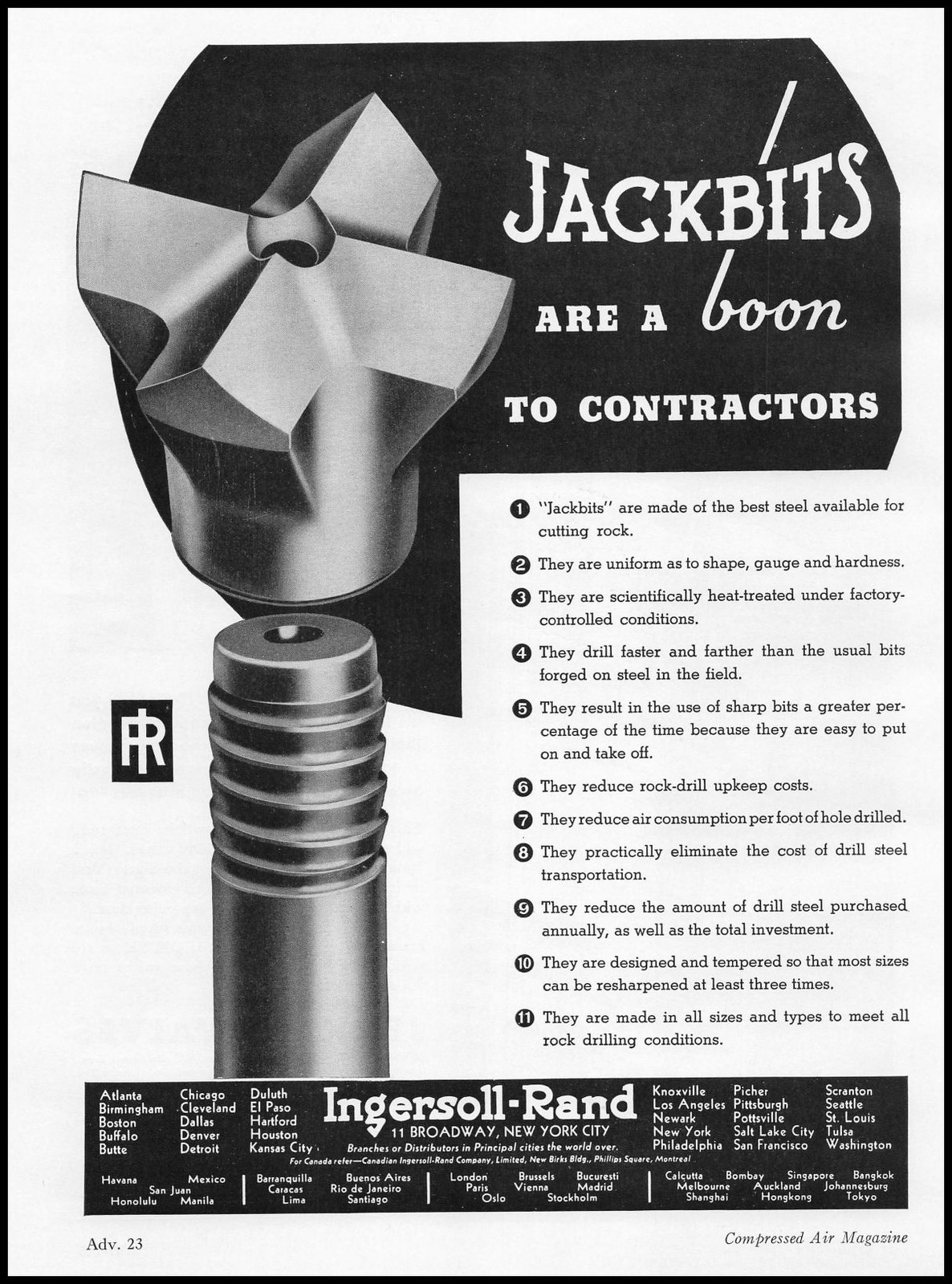 1938 Ingersoll Rand New York City Rock Cutting Drill Jackbits Vintage Print Ad