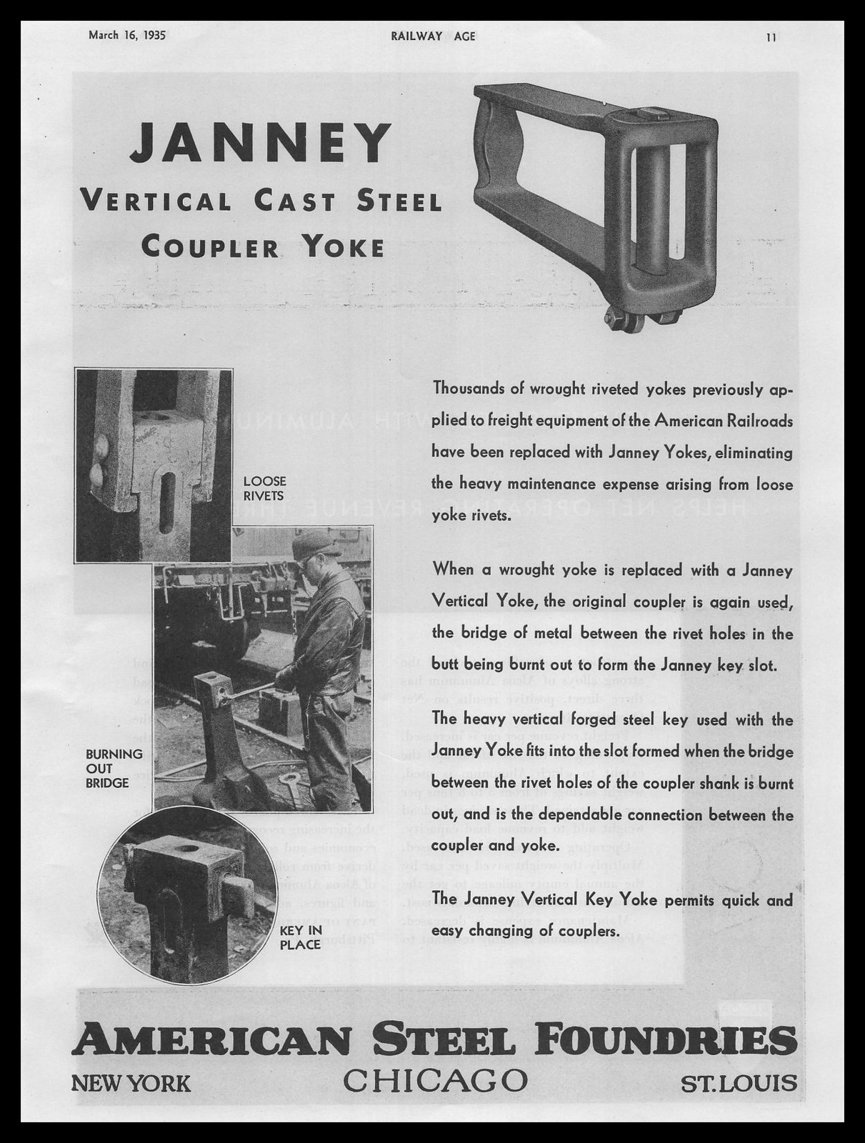 1935 American Steel Foundries St. Louis Photos Janney Railroad Key Yoke Print Ad