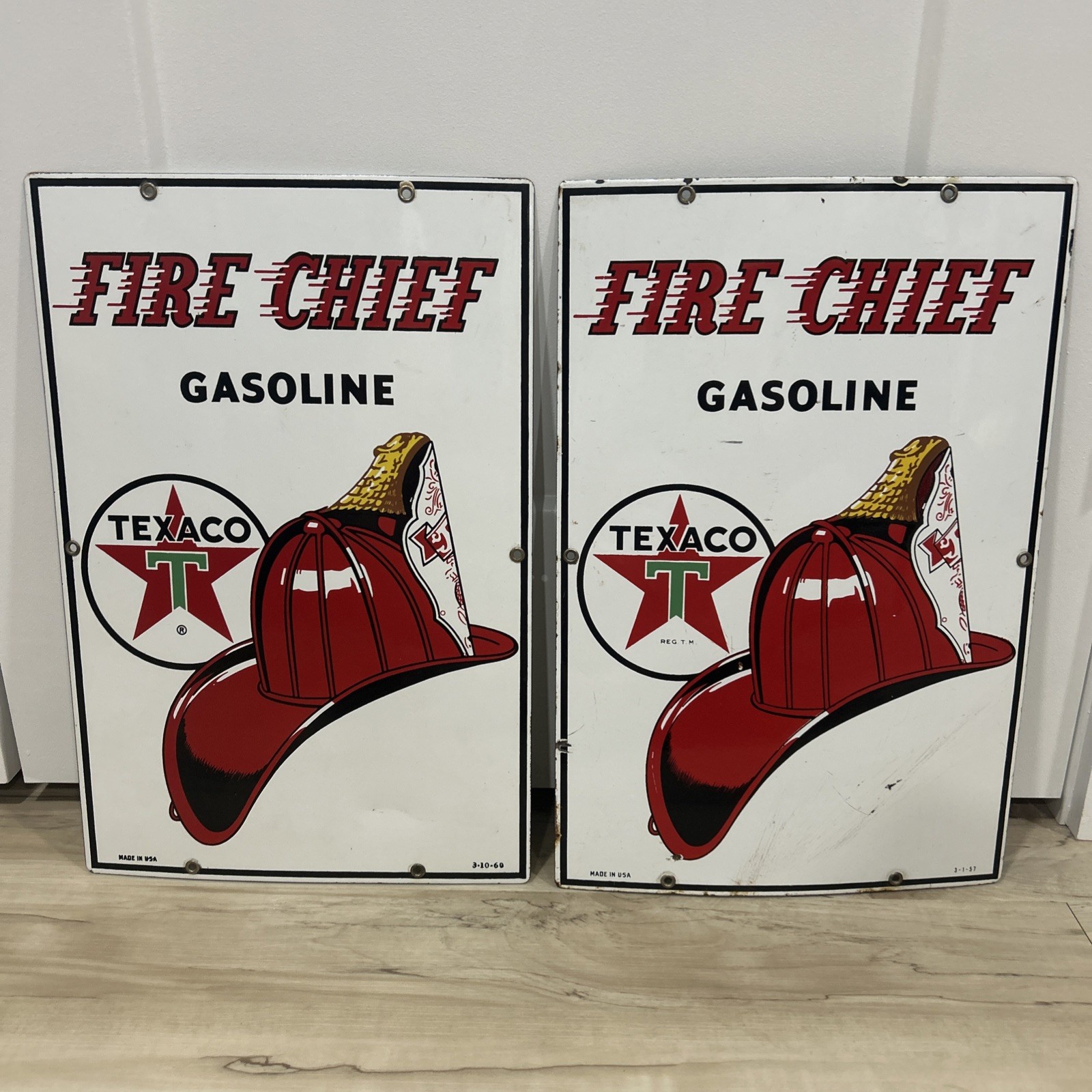 Original 1957 & 1960 Texaco Fire Chief Gasoline Porcelain Pump Plates
