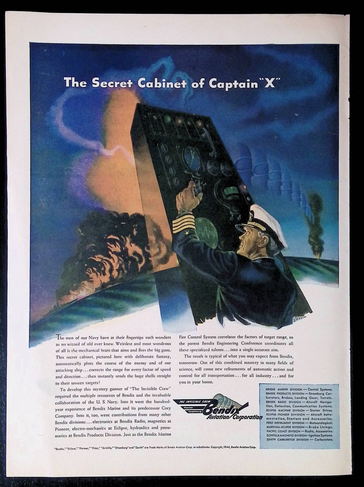 Print Ad 1940’s WWII Bendix Aviation Invisible Crew Secret Captain X US Navy