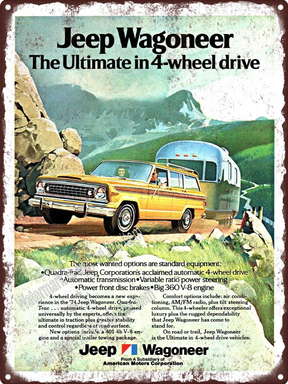 1974 Jeep Wagoneer Airstream Camper mountain driving Metal Sign 9×12″ A610