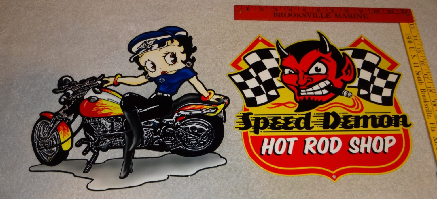 VINTAGE SPEED SHOP MOTORCYCLE BETTY BOOP 11 3/4″ METAL GAS ADVERTISING SIGN LOT!