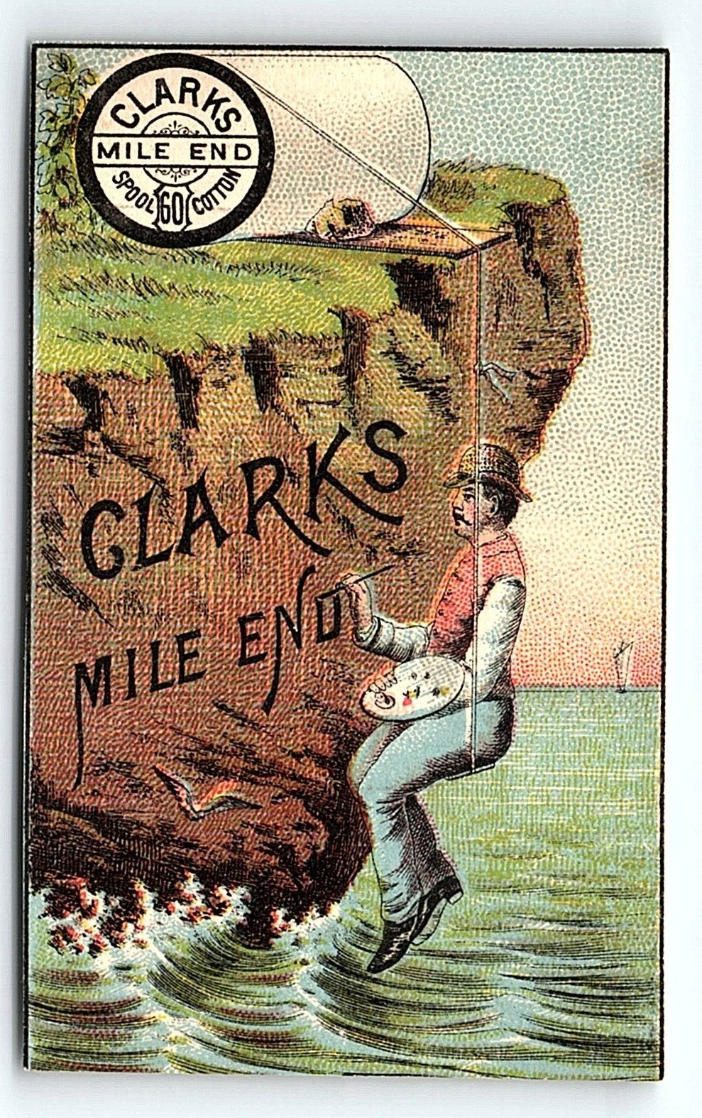 c1880 CLARK’S MILE-END SPOOL COTTON CLIFFSIDE PAINTER WAVES TRADE CARD P1982