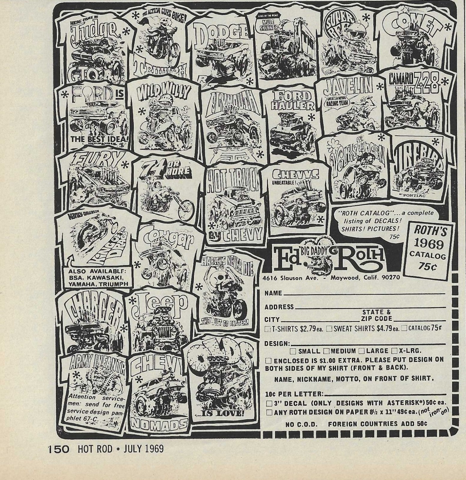 1969 Big Daddy Ed Roth Magazine Ad T Shirt Rat Fink Wild Willy Super Bee Charger