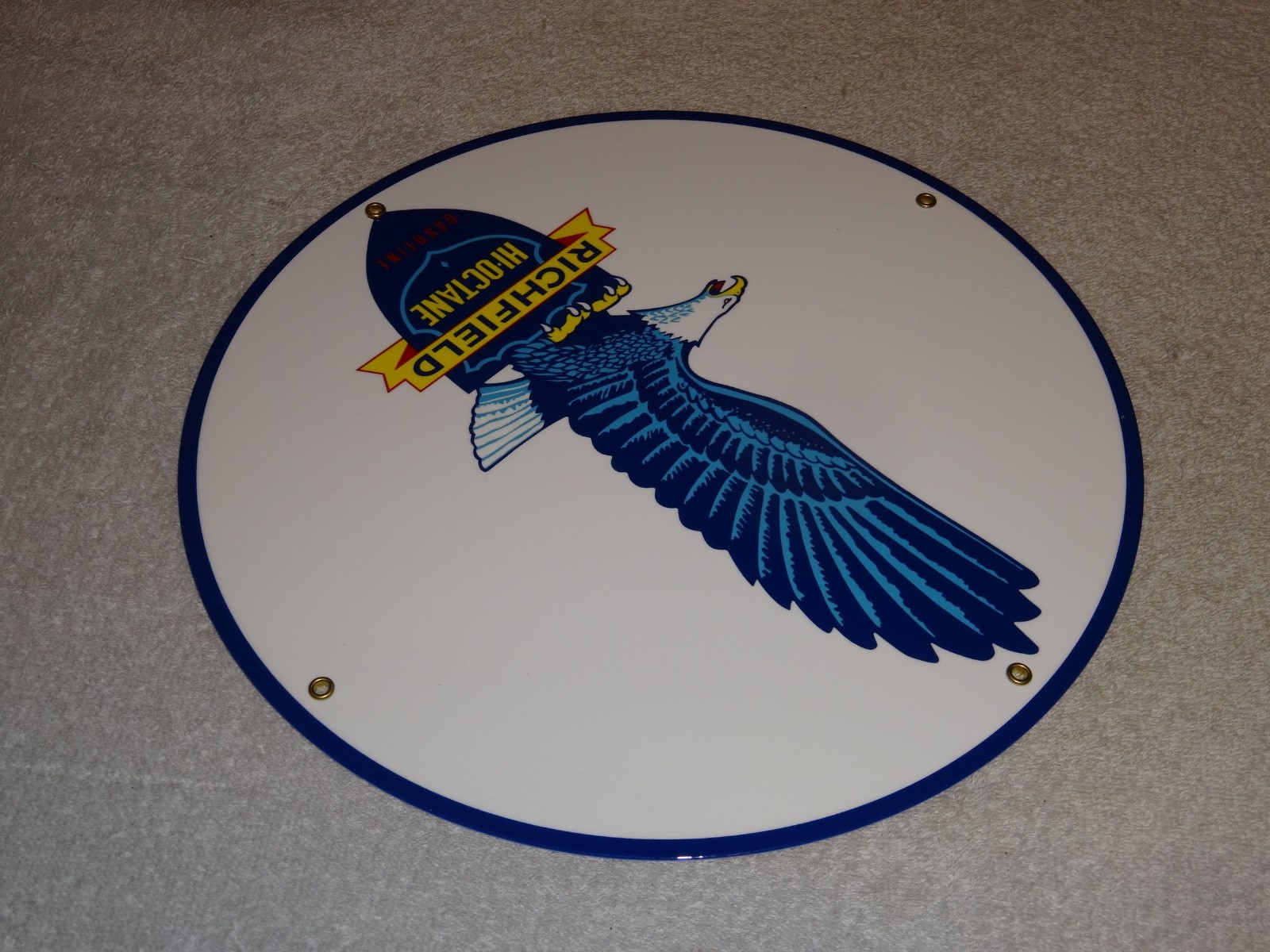 VINTAGE RICHFIELD EAGLE HI OCTANE GASOLINE 11 3/4″ PORCELAIN METAL GAS OIL SIGN!