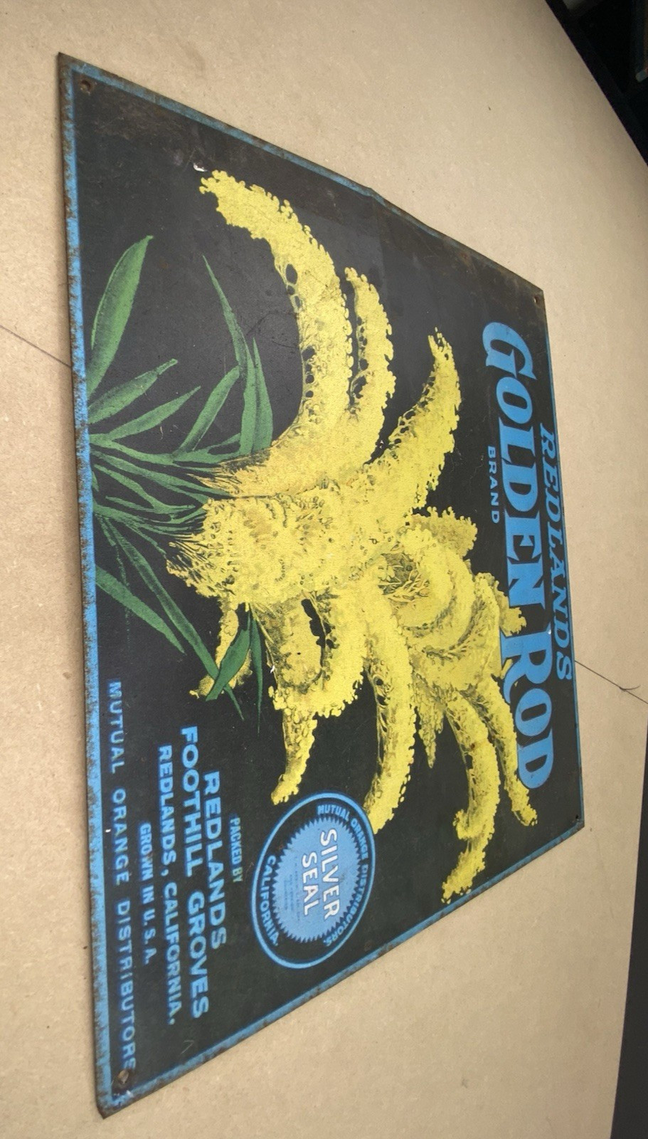 Vintage Metal Advertising Sign Golden Rod Redlands Foothill Groves 13.5 x 12.5