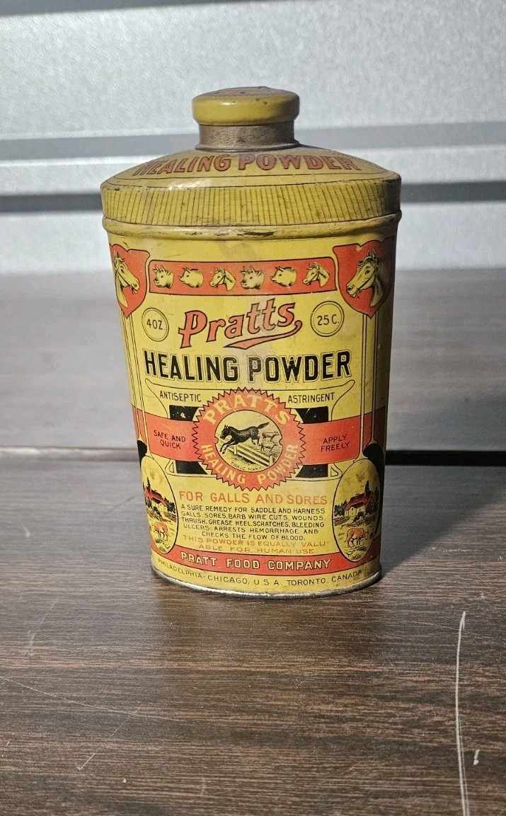 Vintage Pratts Animal Healing Powder 4 Ounce Tin 1906 Rare