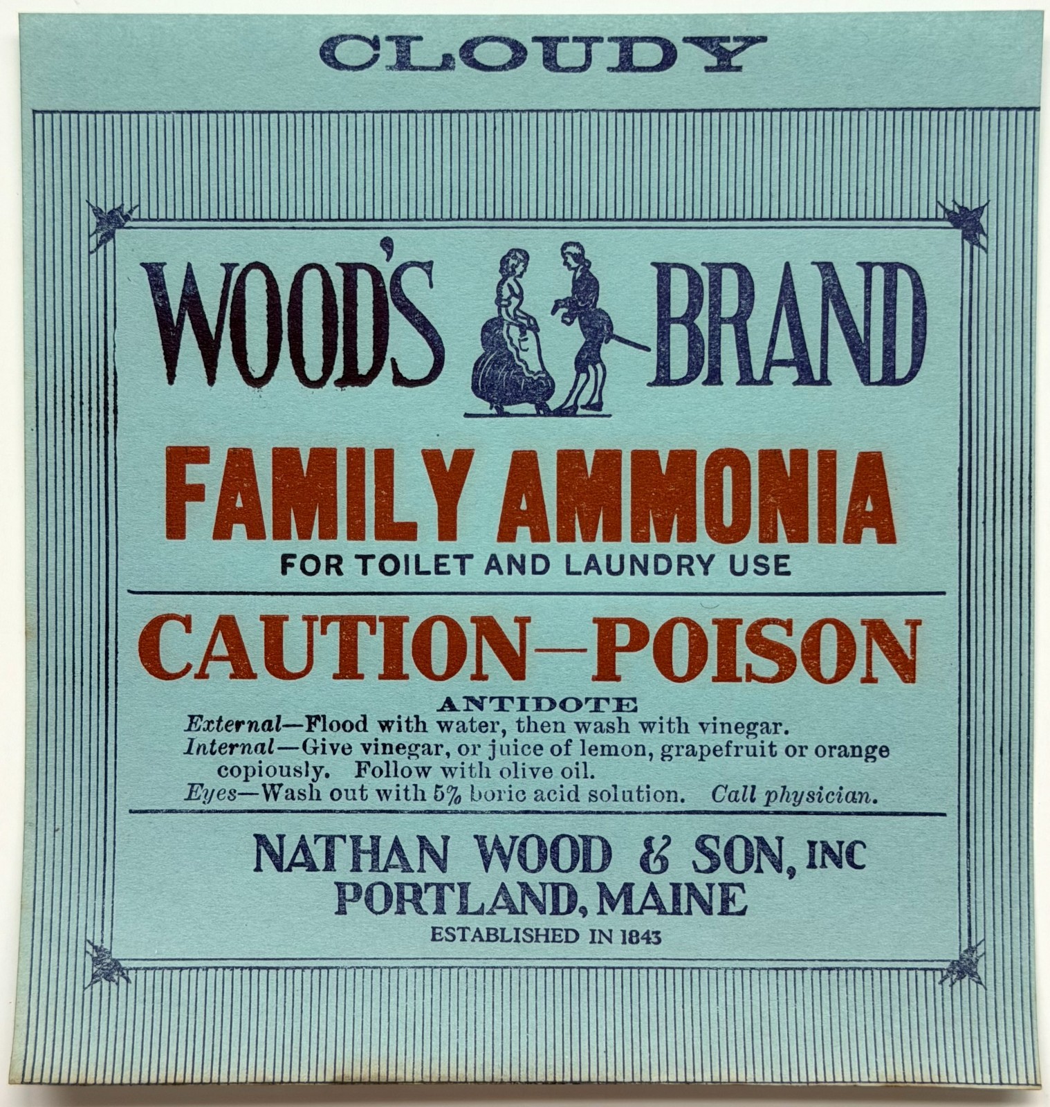 c1900s Woods Brand Family Ammonia Label Unused Portland Maine Caution-Poison J7