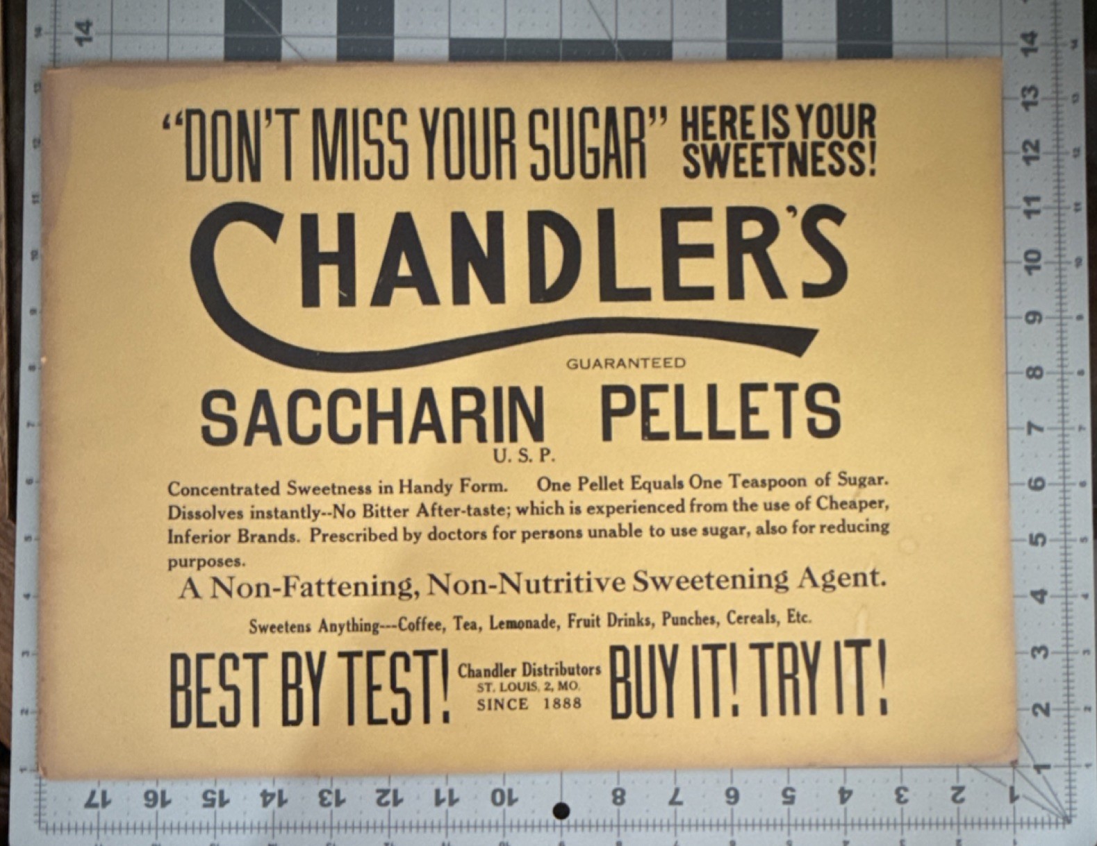 Chandler’s Saccharin Pellets Advertising Sign – Original Vintage – Since 1888