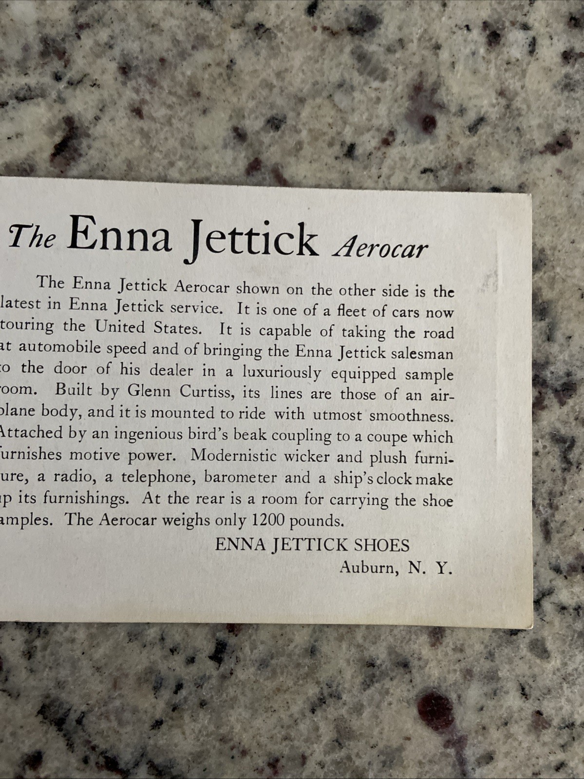 1930 Trade Card Curtiss Airplane Aerocar Trailer Enna Jettick Shoe Sales Display