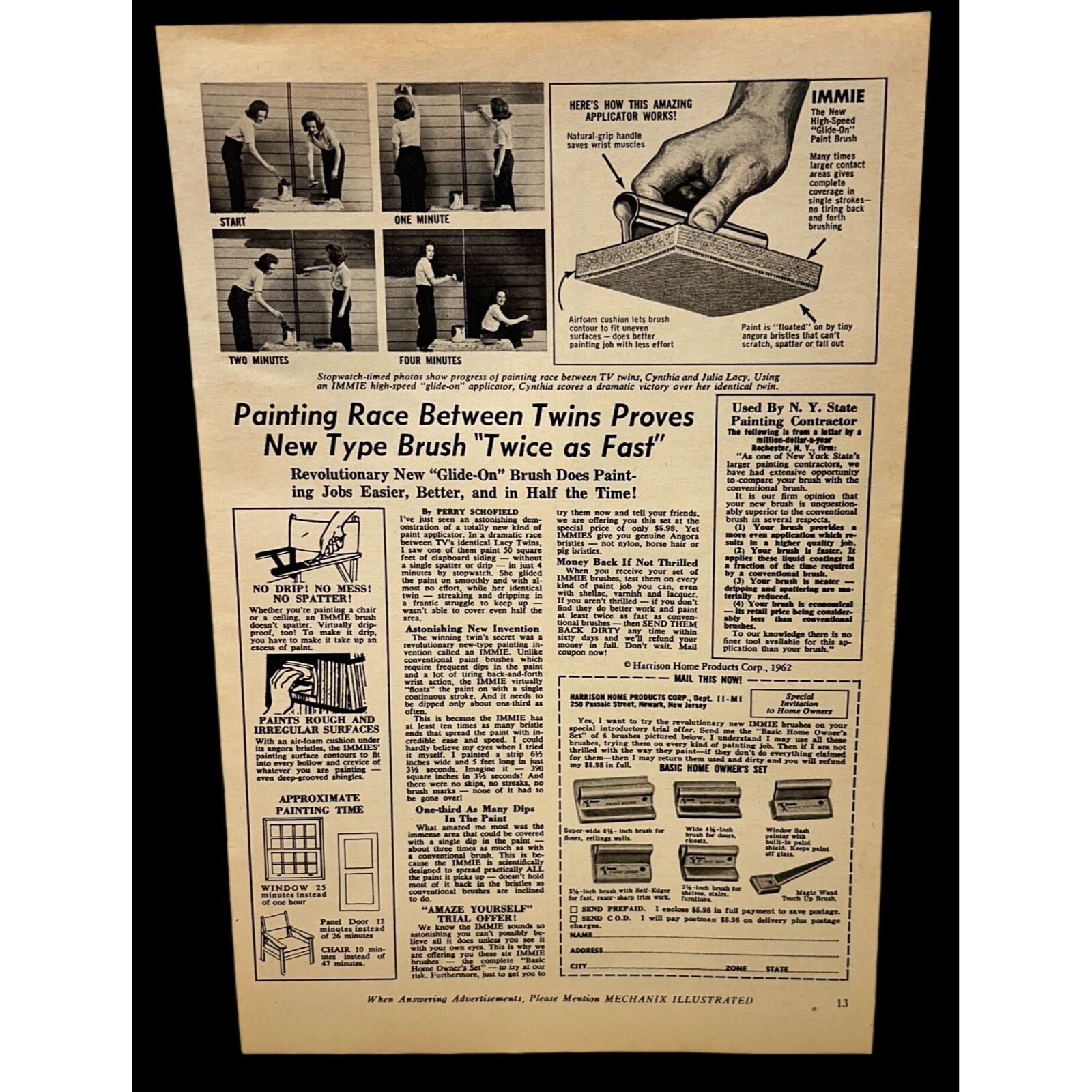 Harrison Home Products Vtg Print Ad 1960s Immie Glide On Paint Brush Newark NJ
