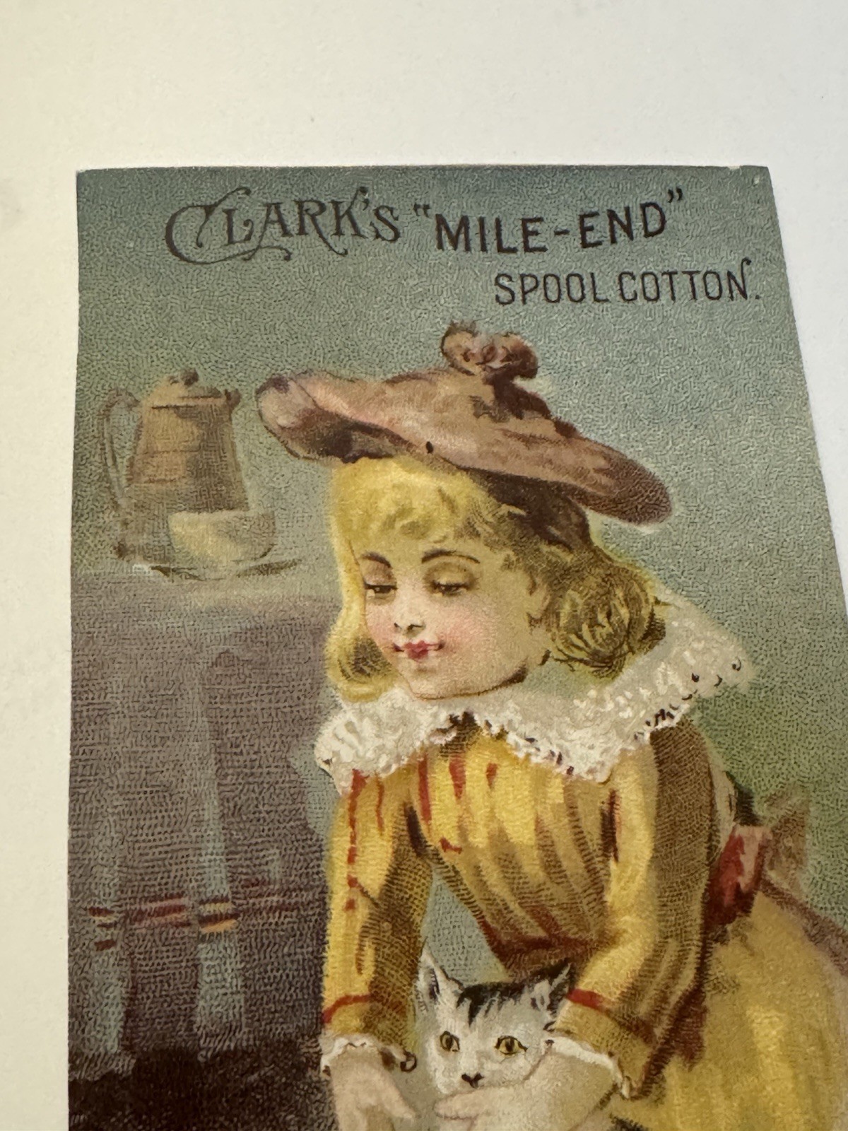 Clarks Thread Girl Cat Coffee Pot Mile End Spool Cotton Trade Card VTC 1887 Nice