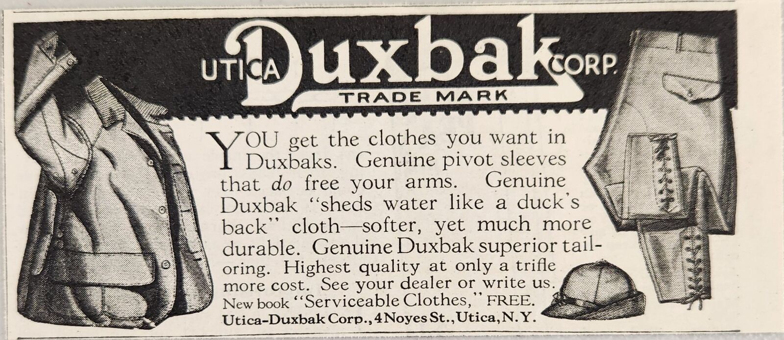 1929 Print Ad Utica Duxbak Hunting Clothes Shed Water Made in Utica,New York
