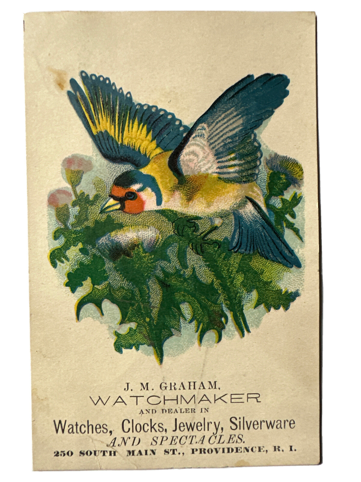 VICTORIAN JEWELERS TRADE CARD JM Graham Watchmaker Spectacles Providence RI B23