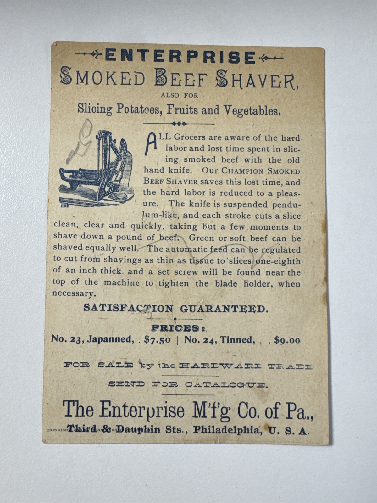 Enterprise Smoked Beef Shaver Trade Card Washington 1893 Columbian Exhibition