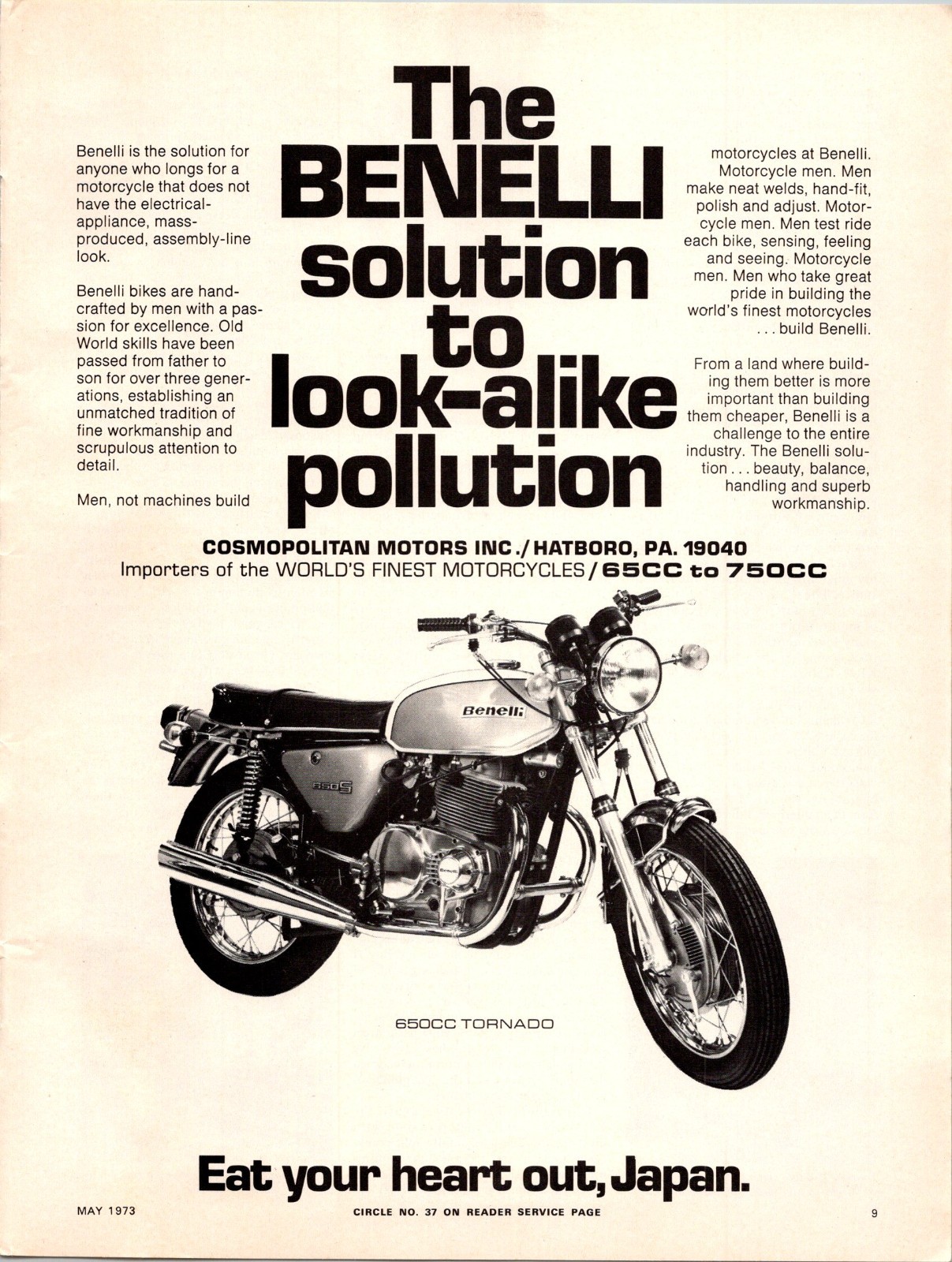 Print Ad 1973 Benelli Motorcycle 650CC Tornado Cosmopolitan Motors INC