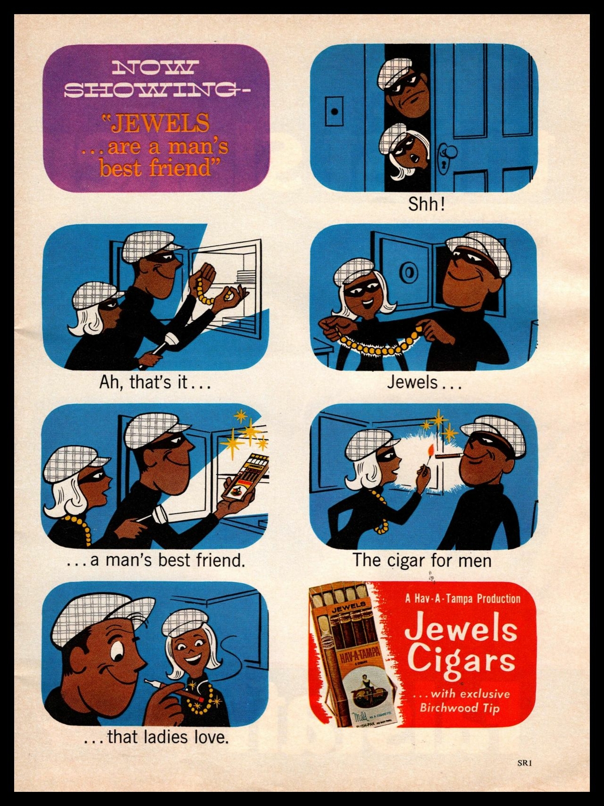 1968 Jewels Cigars Blindfolded Cat Burglar Jewel Thieves Couple Cartoon Print Ad
