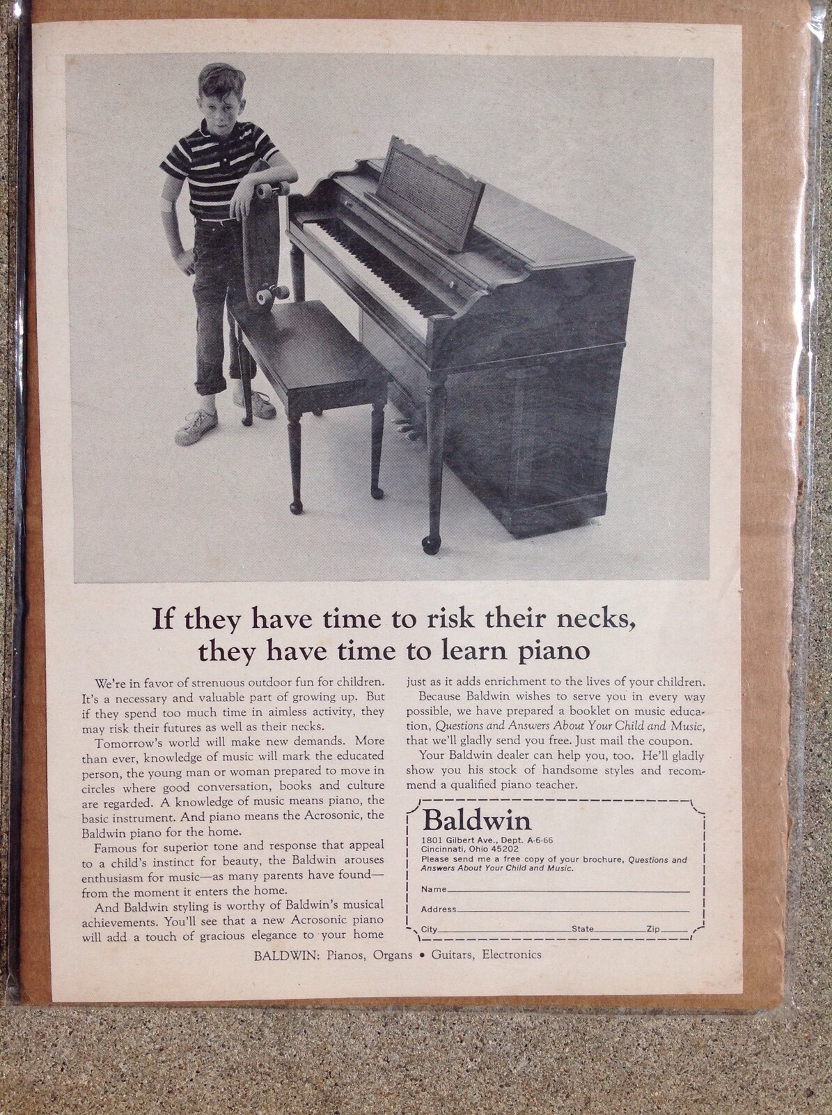ORIGINAL VINTAGE 1960’s – BALDWIN PIANOS (SKATEBOARDS) – PRINT AD – 8 1/2″ X 11″