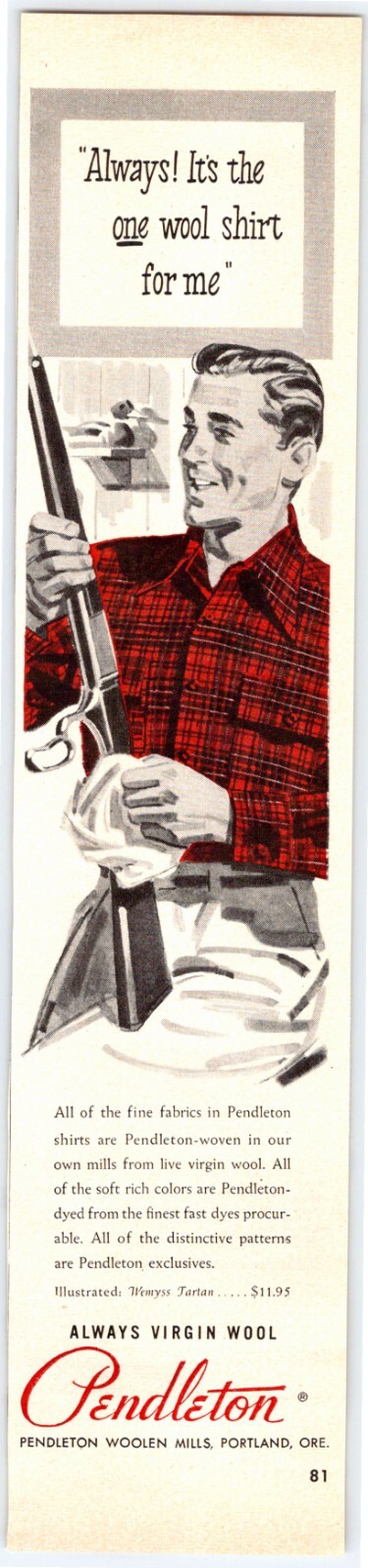 1949 HUNTER PENDLETON WOOL SHIRT Vintage 1940’s 2.5″X11″ Magazine Ad M348