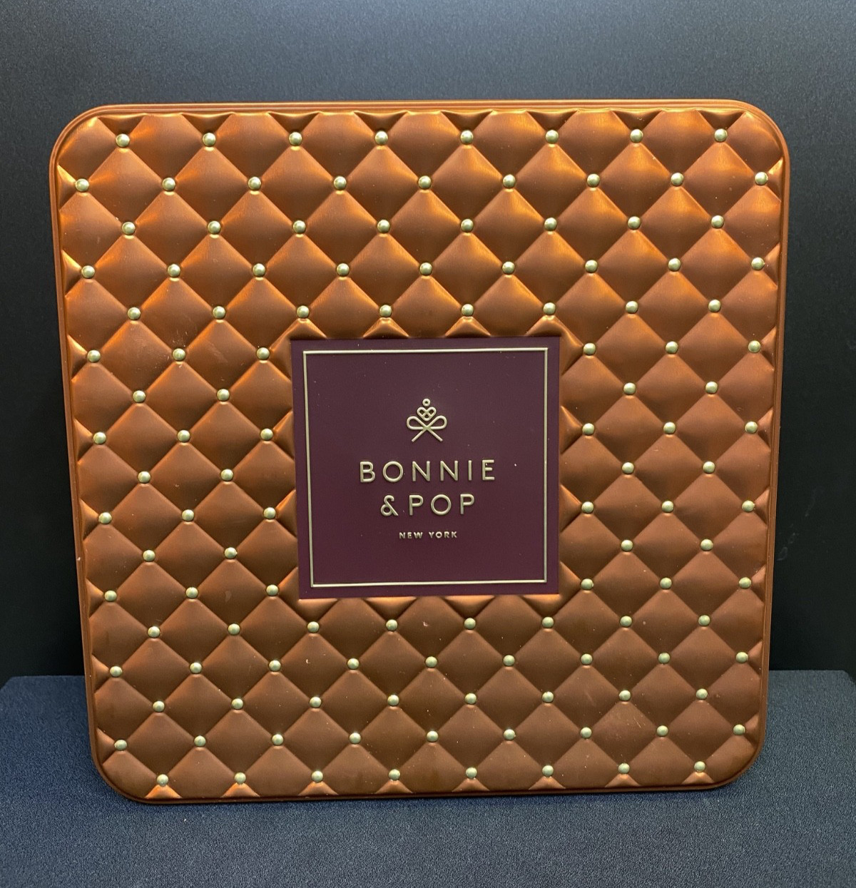 Bonnie & Pop Empty Tin Container Copper with Gold Trim Dot Diamond Pattern 9x9x2