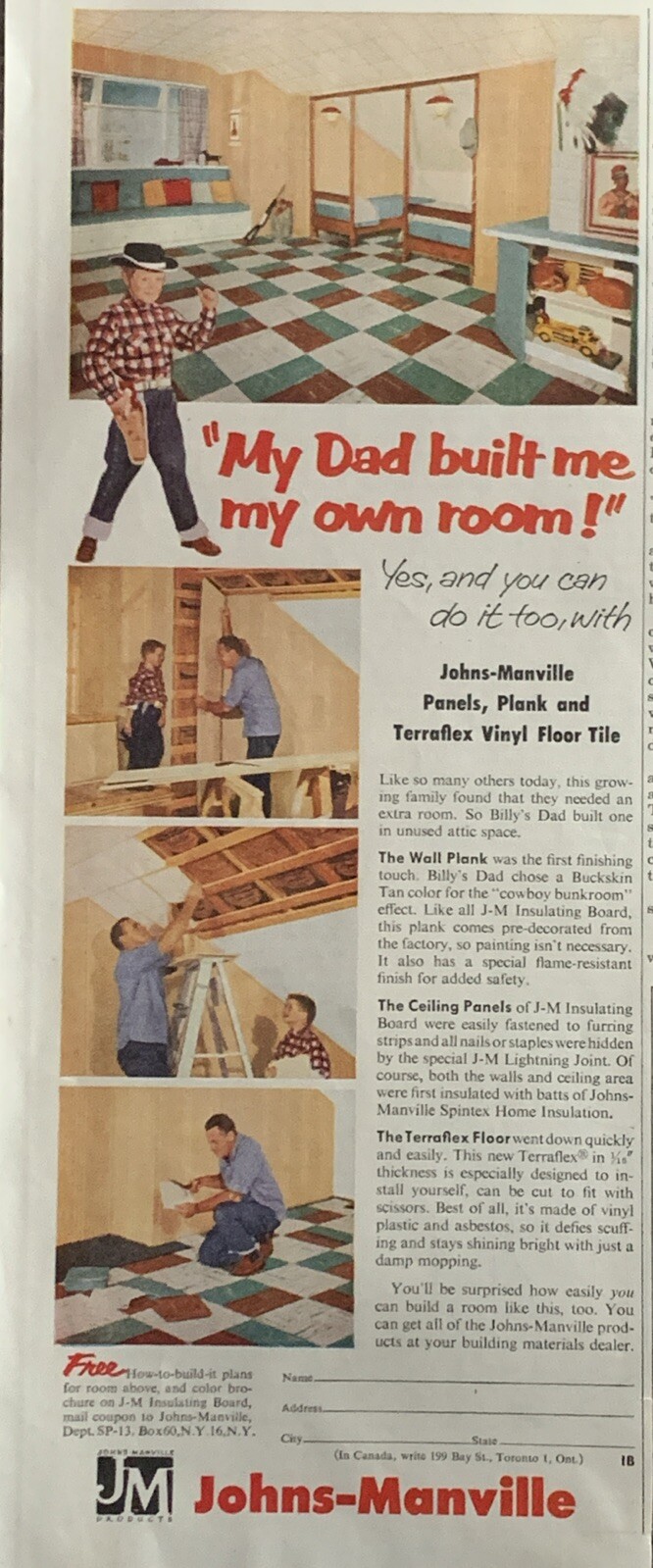 1954 Johns-Manville Building Materials PRINT AD Dad Built My Own Room VTG 1950s