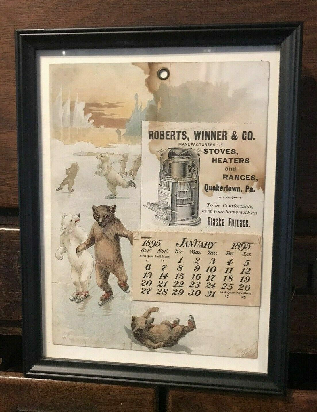 ADVERTISING CALENDAR 1895 ALASKA FURNACE STOVES HEATERS RANGES ICE SKATING BEARS