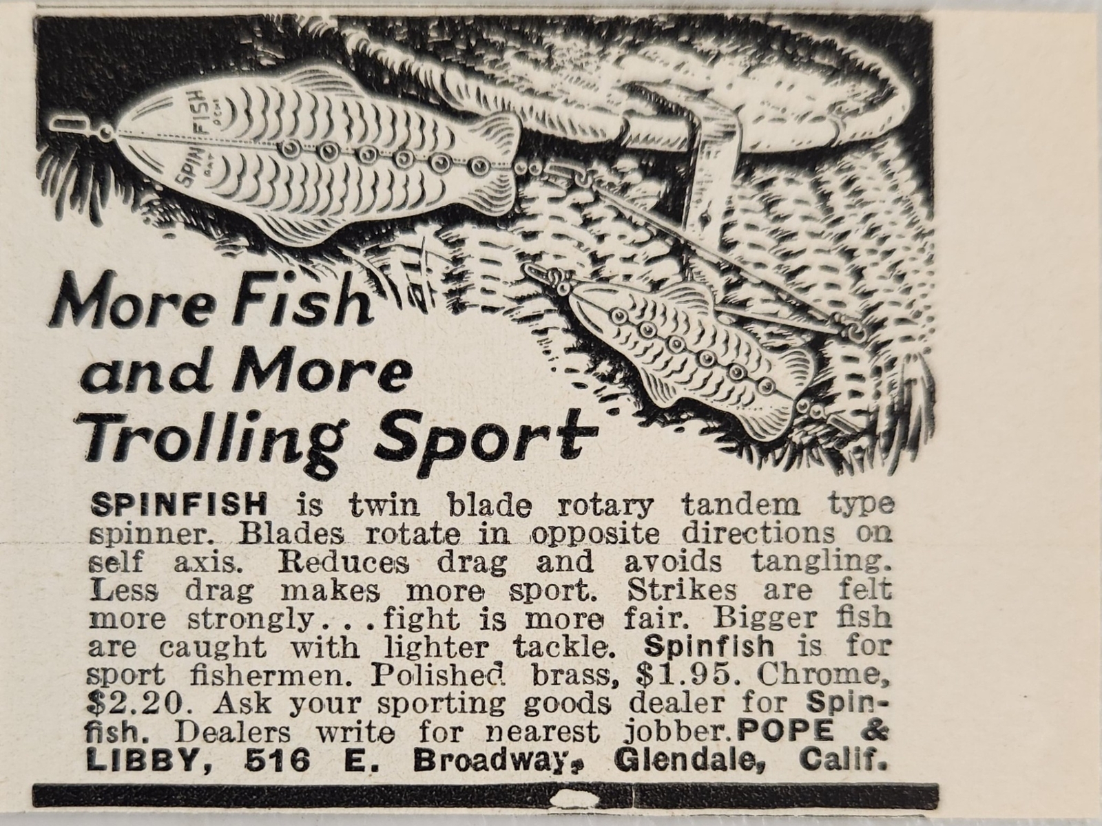 1947 Print Ad Spinfish Twin Blade Roatry Spinning Fishing Lure Libby Glendale,CA