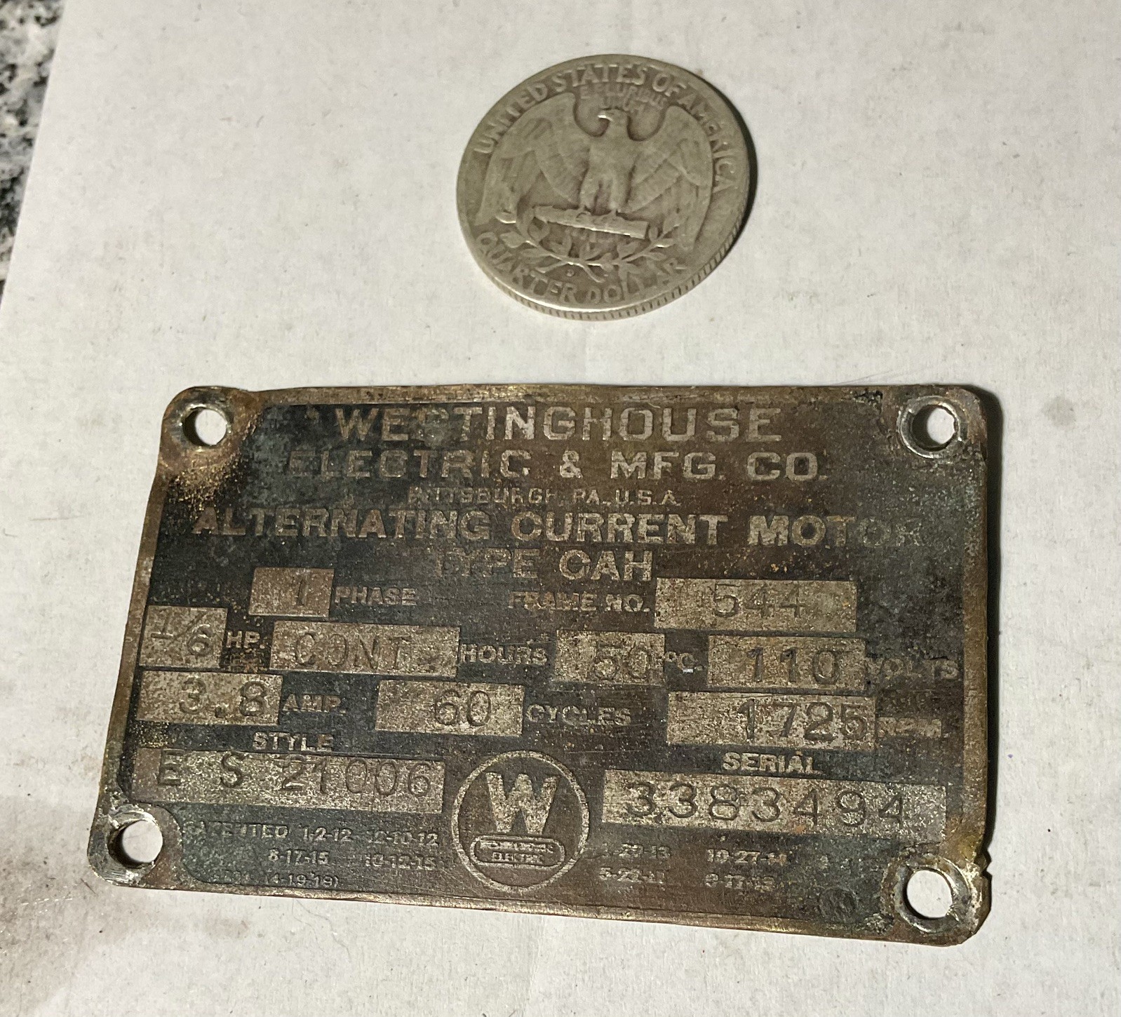 Vintage Westinghouse AC Motor Brass ID Nameplate Tag Emblem Sign Pittsburgh Pa