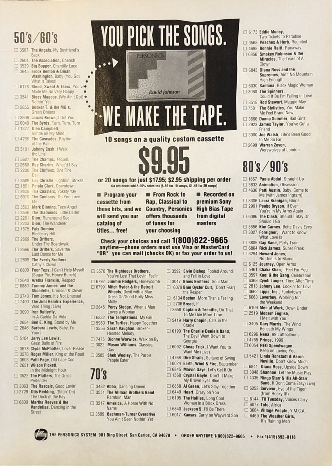 PRINT AD 1992 Personics System Music Choice You Pick The Songs We Make The Tape