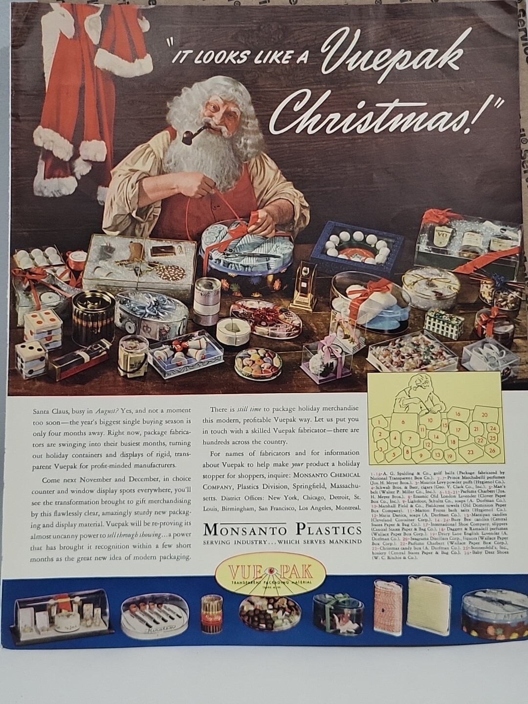 1940 Monsanto Plastics Vuepak Fortune WW2 Print Ad Q3 Santa Claus Christmas Xmas