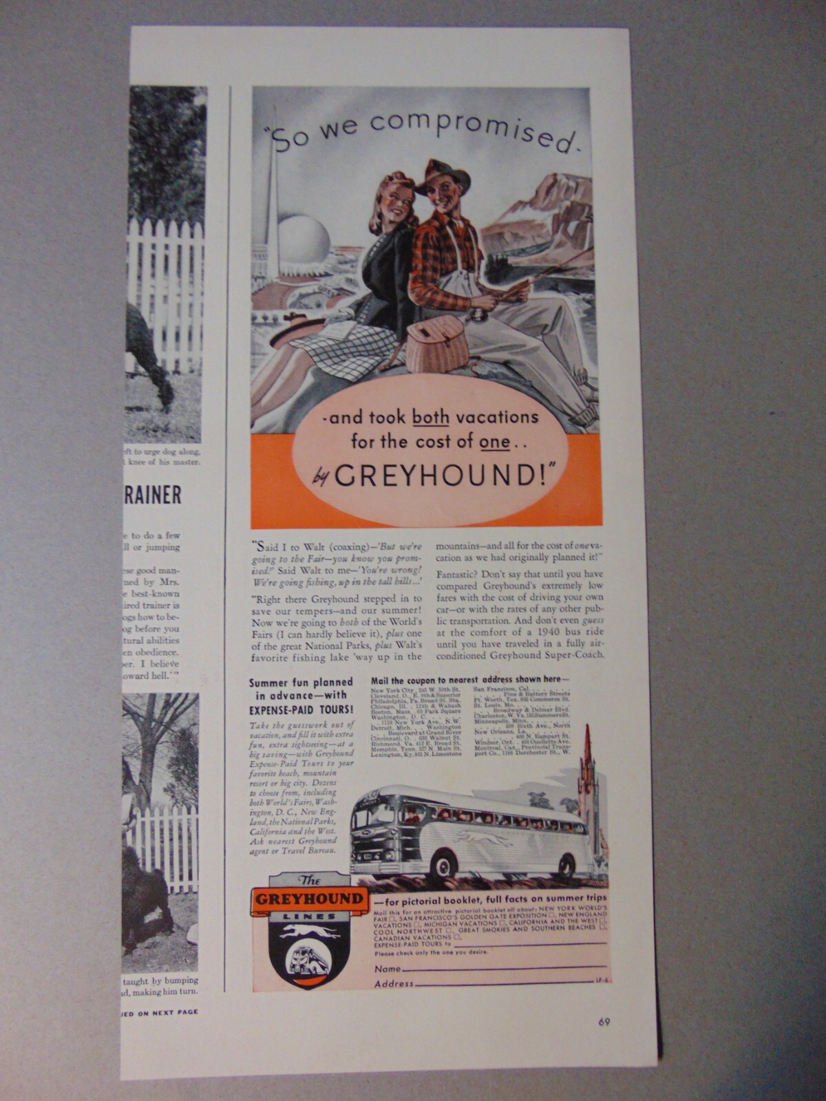 1940 Two Vacations one cost GREYHOUND BUS LINES art print ad