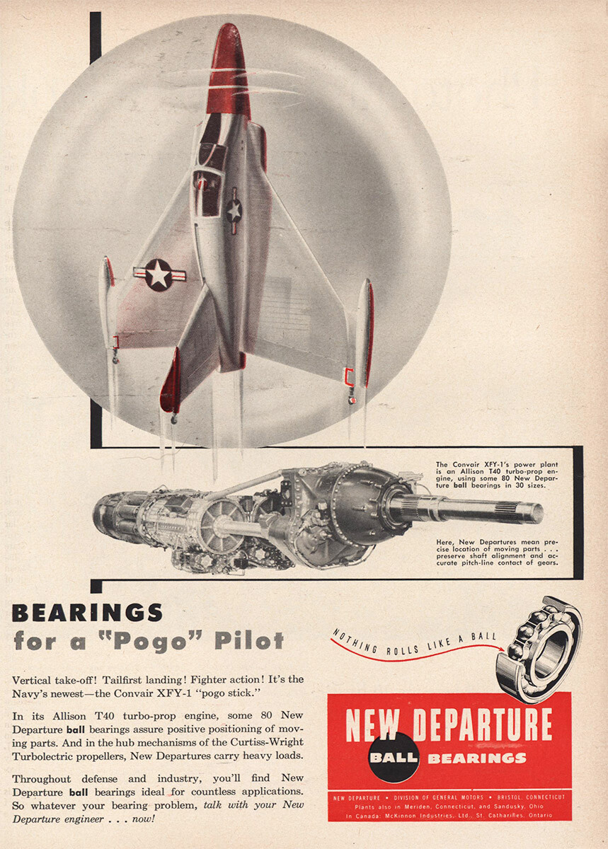 1954 New Departure Ball Bearings: Pogo Pilot Vintage Print Ad