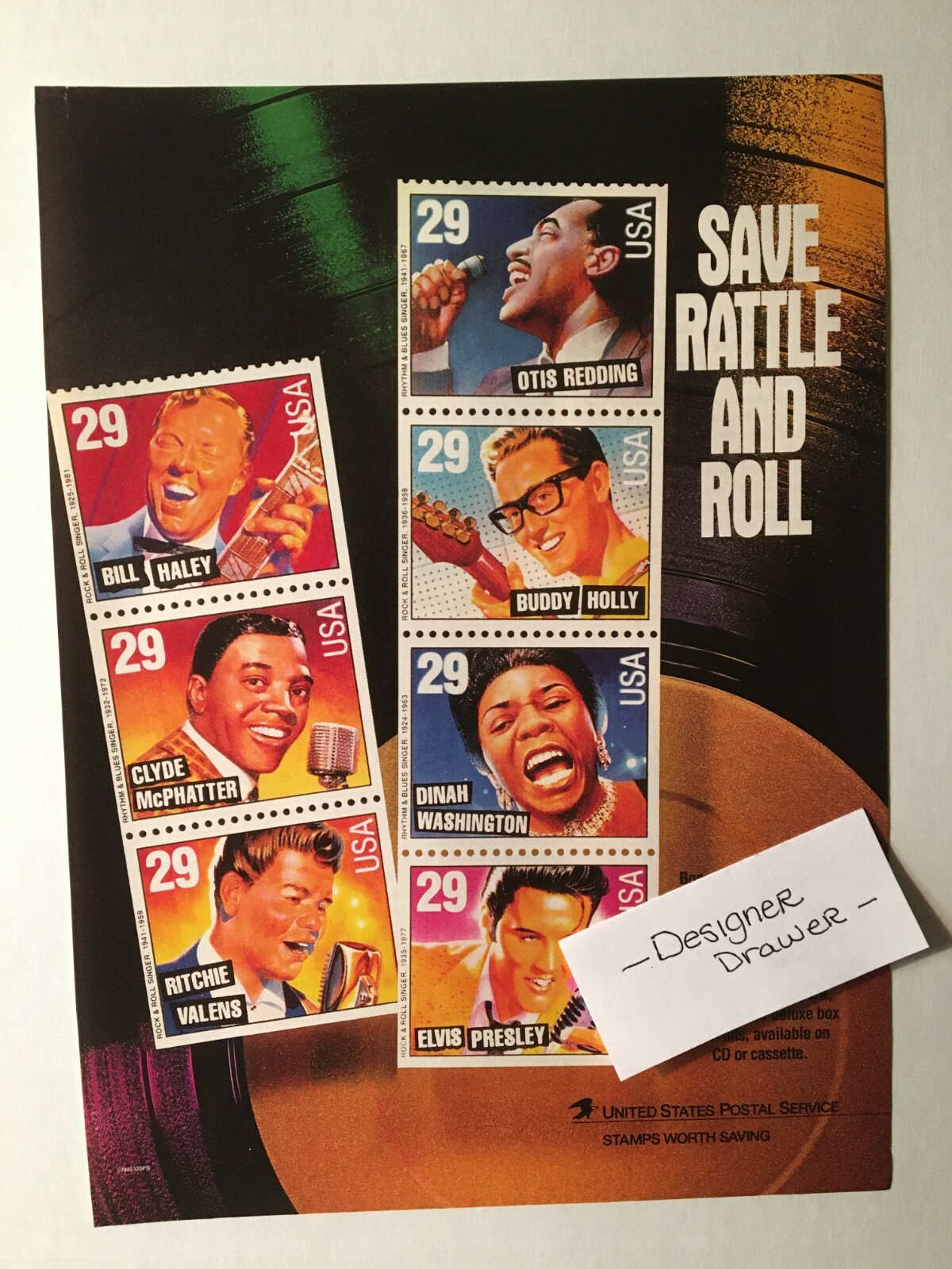 USPS Rock N Roll Collectible Stamp Vintage 1993 Promo Print Advertisement